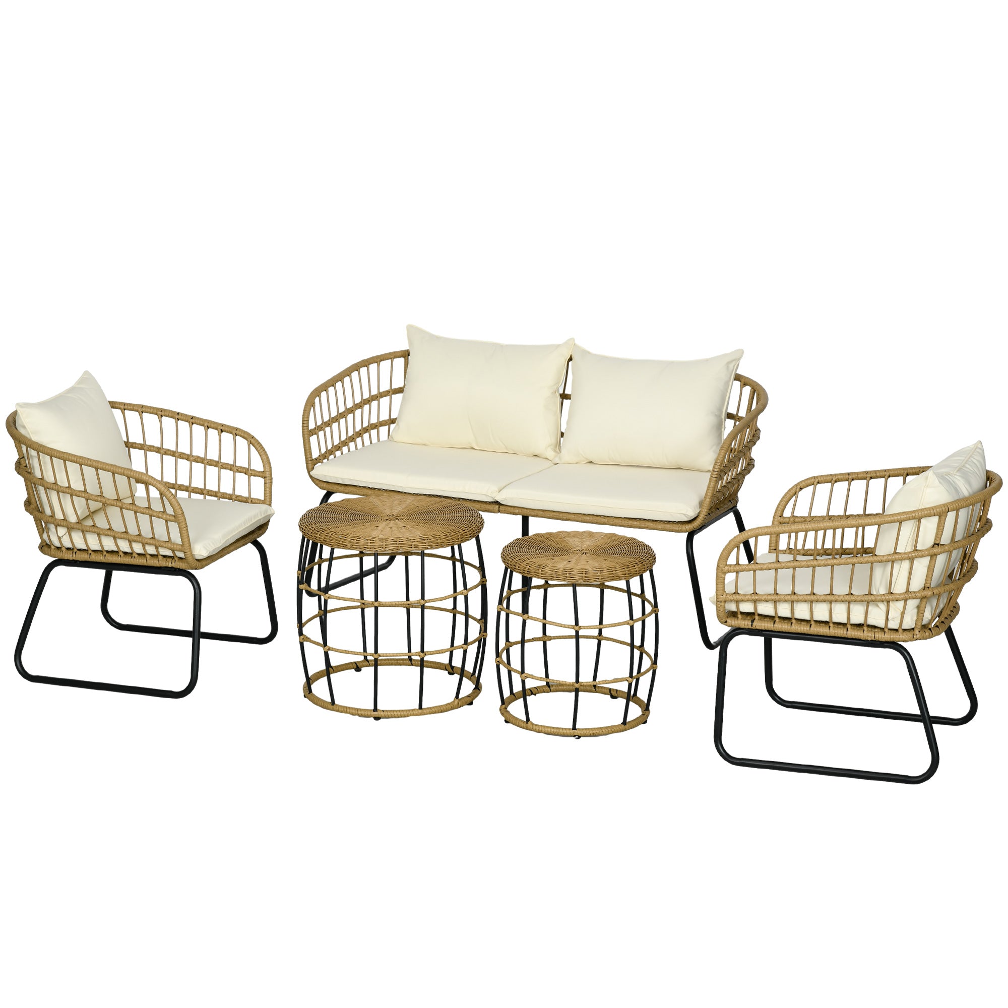 5 pcs Rattan Garden Furniture Set, Seating Group with Cushions, Garden Set with 2 Coffee Tables, 2 Armchairs, 1 Loveseat Sofa, Seating Set for Garden, Terrace, Steel, Beige