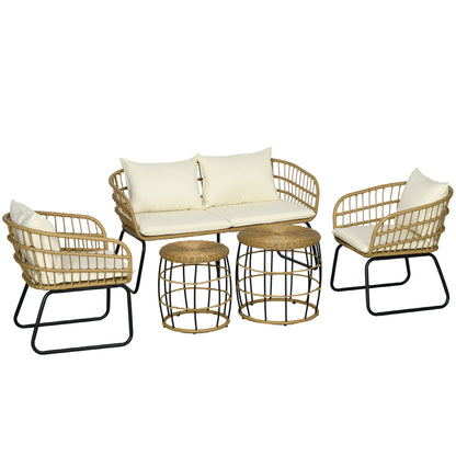 5 pcs Rattan Garden Furniture Set, Seating Group with Cushions, Garden Set with 2 Coffee Tables, 2 Armchairs, 1 Loveseat Sofa, Seating Set for Garden, Terrace, Steel, Beige