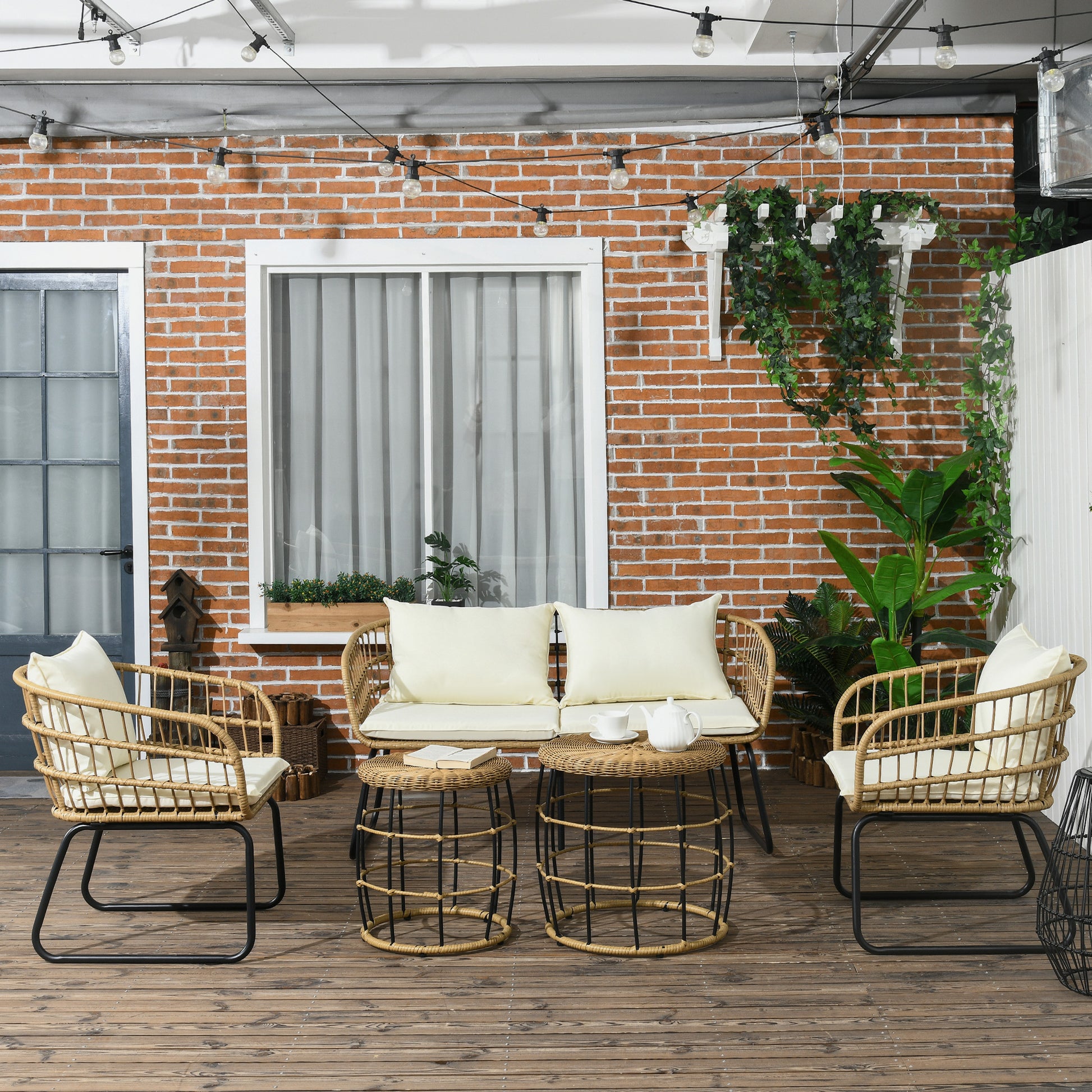 5 pcs Rattan Garden Furniture Set, Seating Group with Cushions, Garden Set with 2 Coffee Tables, 2 Armchairs, 1 Loveseat Sofa, Seating Set for Garden, Terrace, Steel, Beige