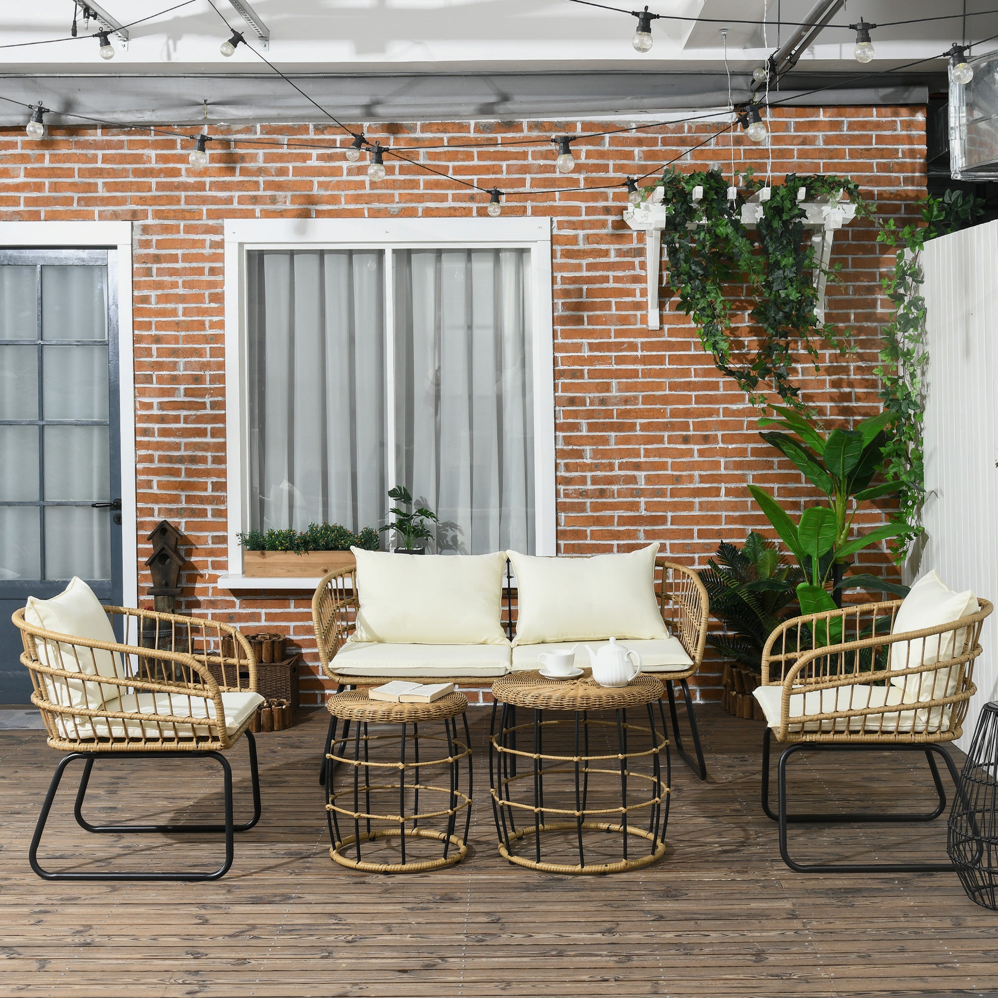 5 pcs Rattan Garden Furniture Set, Seating Group with Cushions, Garden Set with 2 Coffee Tables, 2 Armchairs, 1 Loveseat Sofa, Seating Set for Garden, Terrace, Steel, Beige