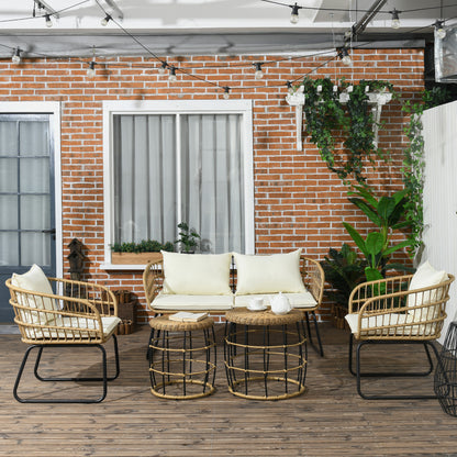 5 pcs Rattan Garden Furniture Set, Seating Group with Cushions, Garden Set with 2 Coffee Tables, 2 Armchairs, 1 Loveseat Sofa, Seating Set for Garden, Terrace, Steel, Beige