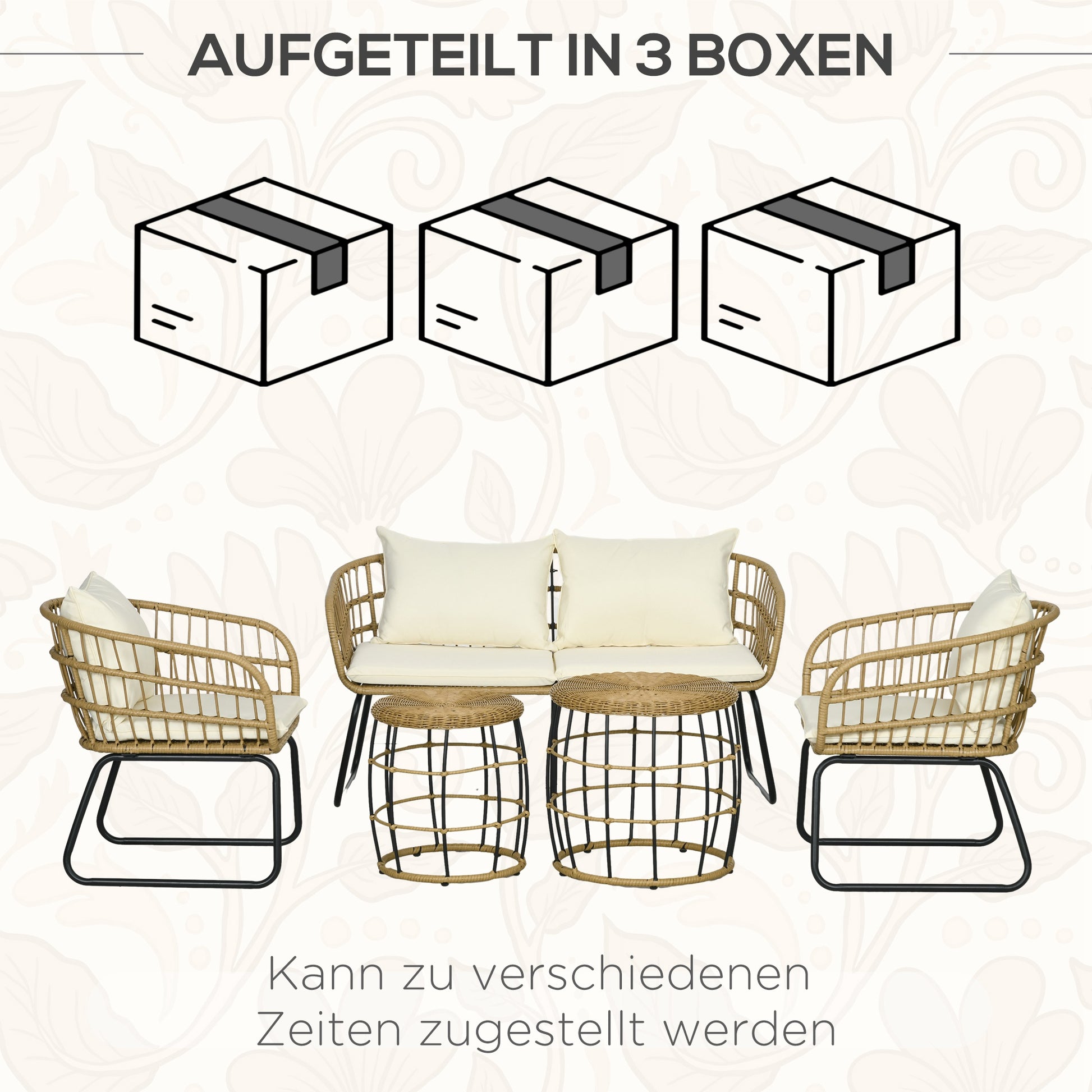 5 pcs Rattan Garden Furniture Set, Seating Group with Cushions, Garden Set with 2 Coffee Tables, 2 Armchairs, 1 Loveseat Sofa, Seating Set for Garden, Terrace, Steel, Beige