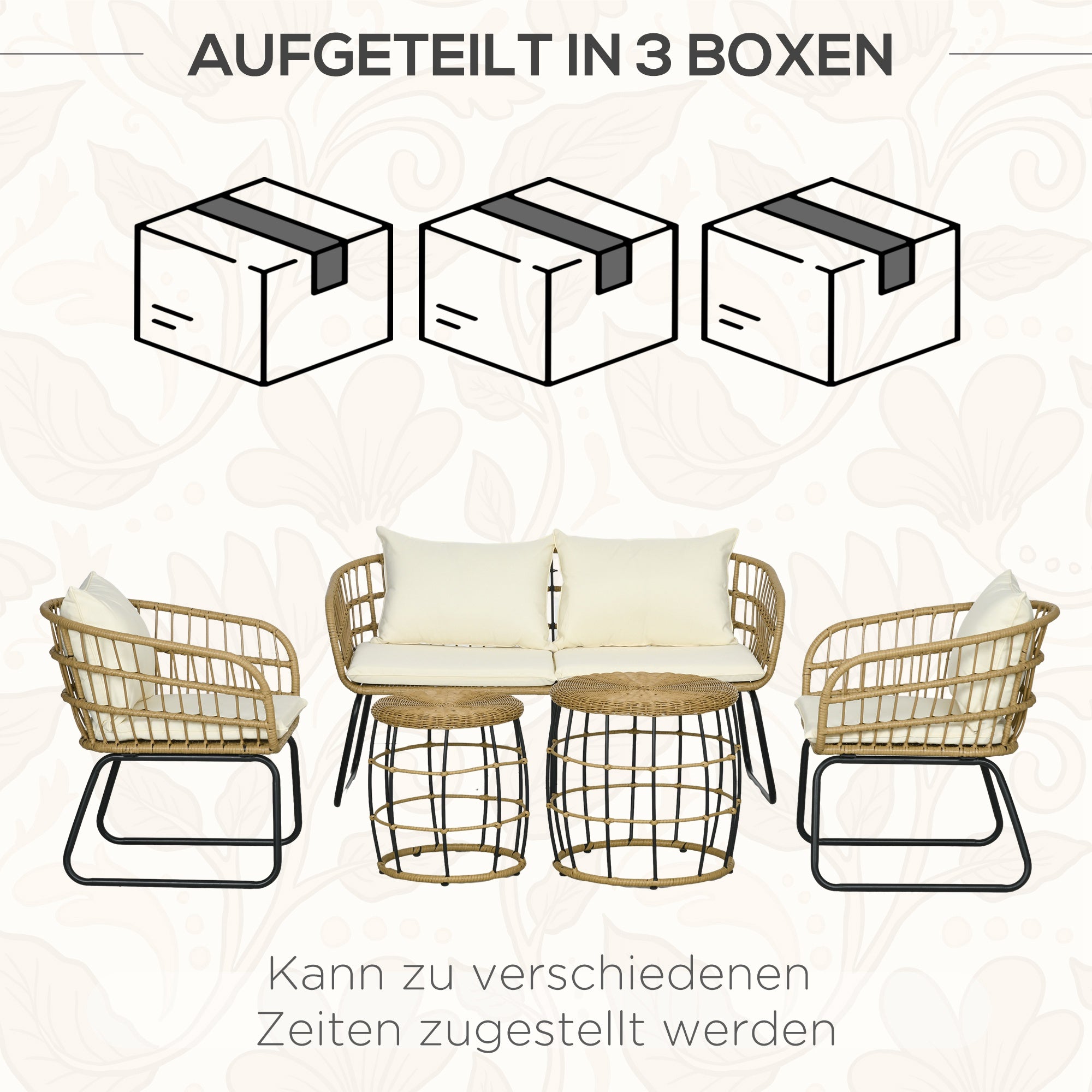 5 pcs Rattan Garden Furniture Set, Seating Group with Cushions, Garden Set with 2 Coffee Tables, 2 Armchairs, 1 Loveseat Sofa, Seating Set for Garden, Terrace, Steel, Beige