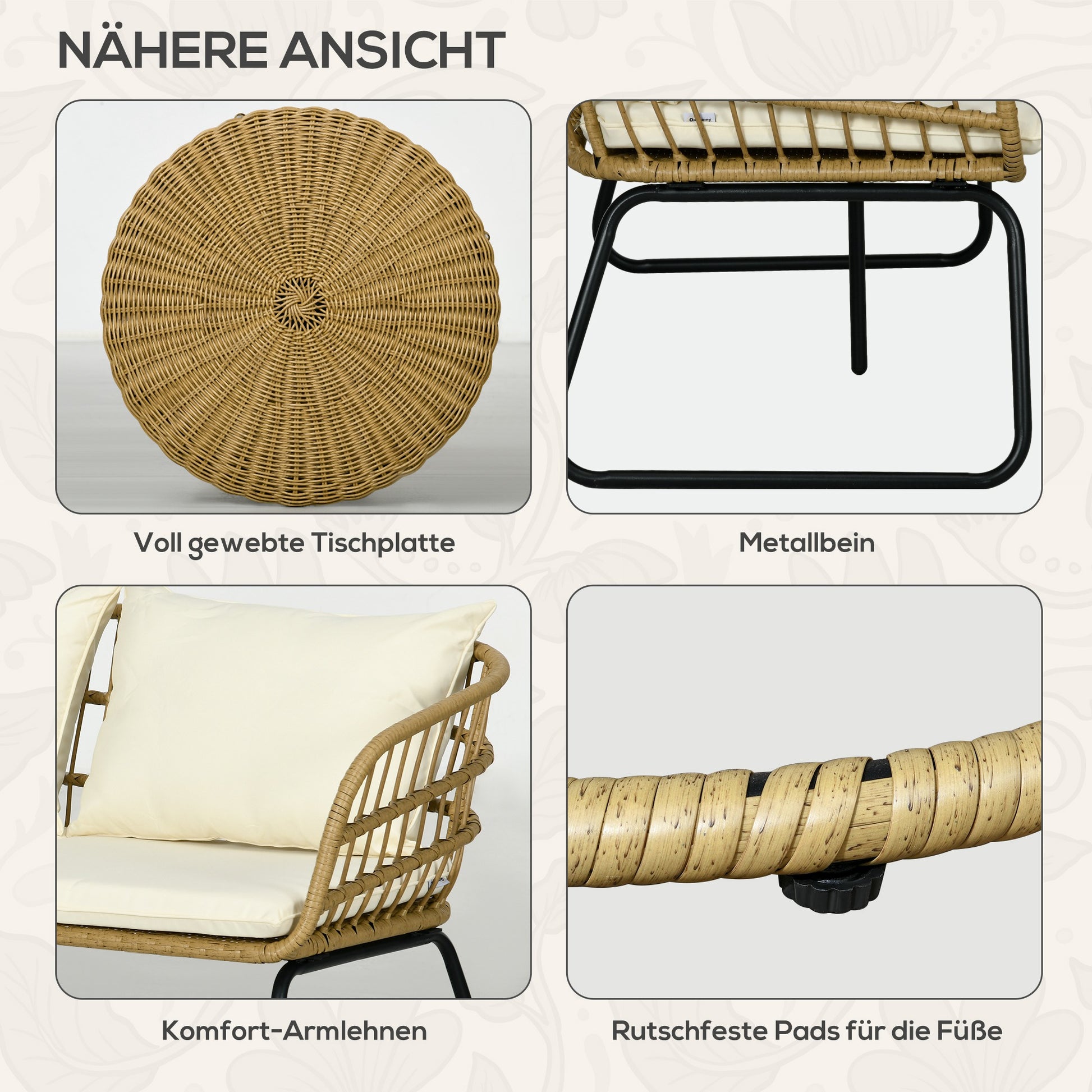 5 pcs Rattan Garden Furniture Set, Seating Group with Cushions, Garden Set with 2 Coffee Tables, 2 Armchairs, 1 Loveseat Sofa, Seating Set for Garden, Terrace, Steel, Beige