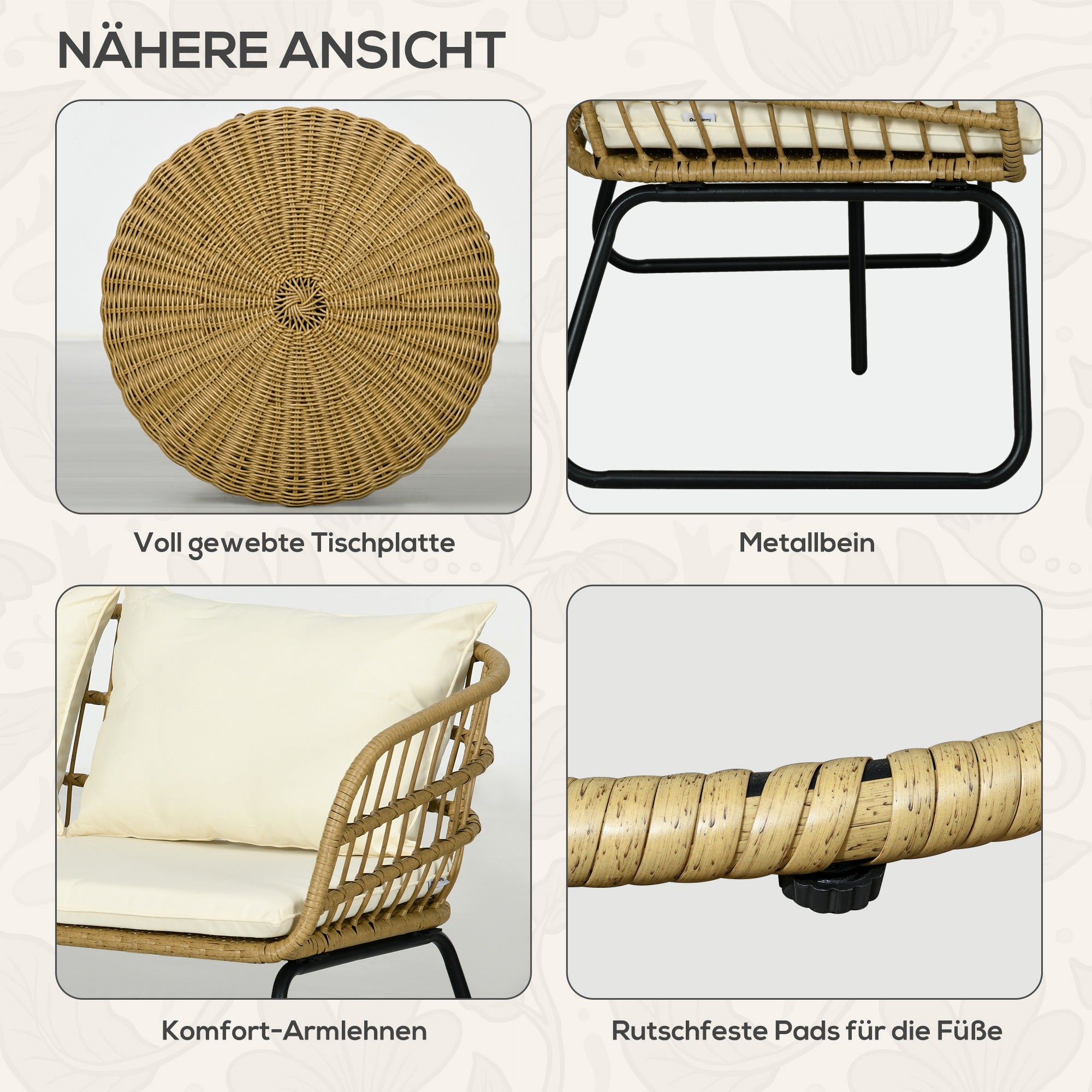 5 pcs Rattan Garden Furniture Set, Seating Group with Cushions, Garden Set with 2 Coffee Tables, 2 Armchairs, 1 Loveseat Sofa, Seating Set for Garden, Terrace, Steel, Beige