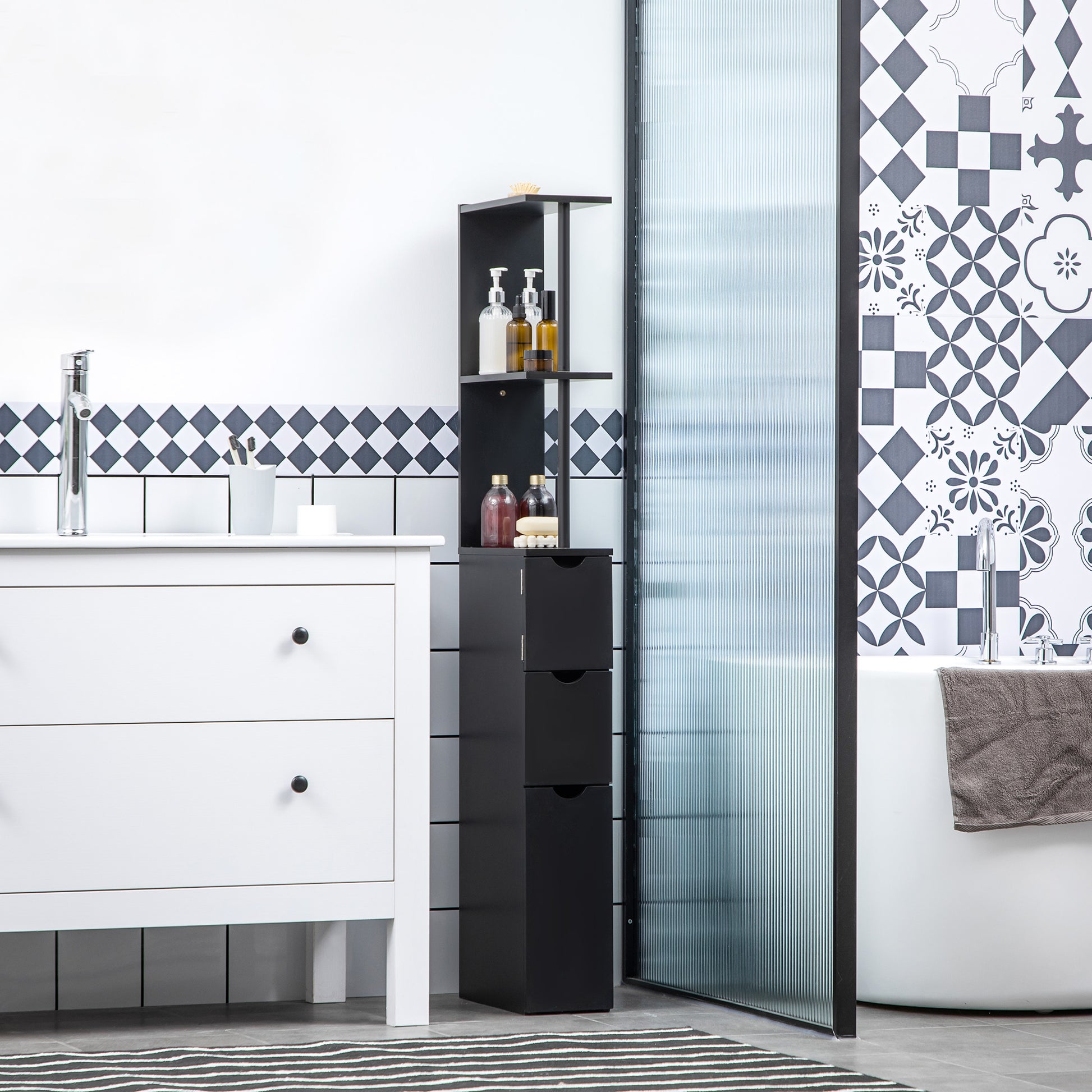 Bathroom Cabinet, space-saving wooden bathroom cabinet with shelves and drawers, 15x33x136 cm, Black