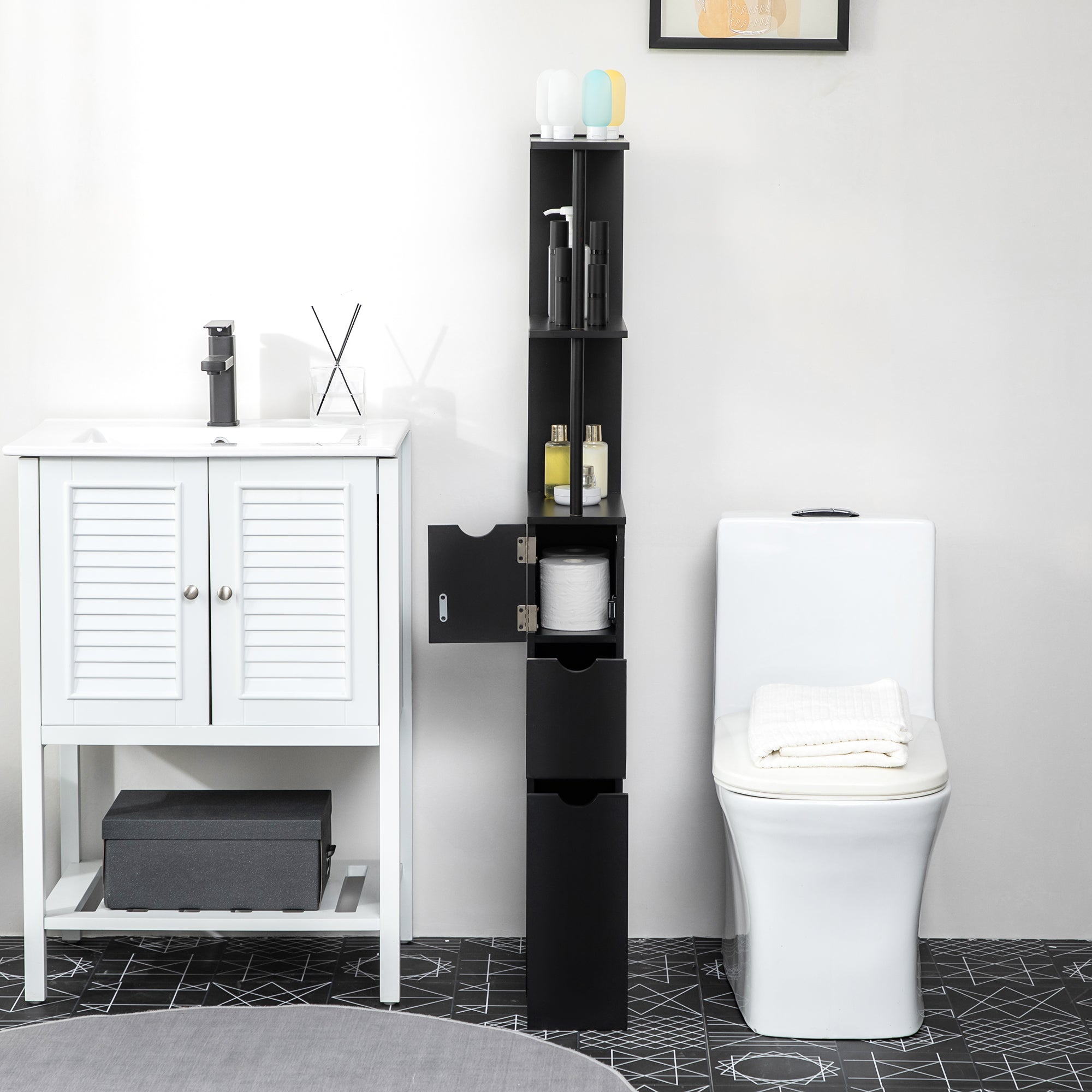 Bathroom Cabinet, space-saving wooden bathroom cabinet with shelves and drawers, 15x33x136 cm, Black