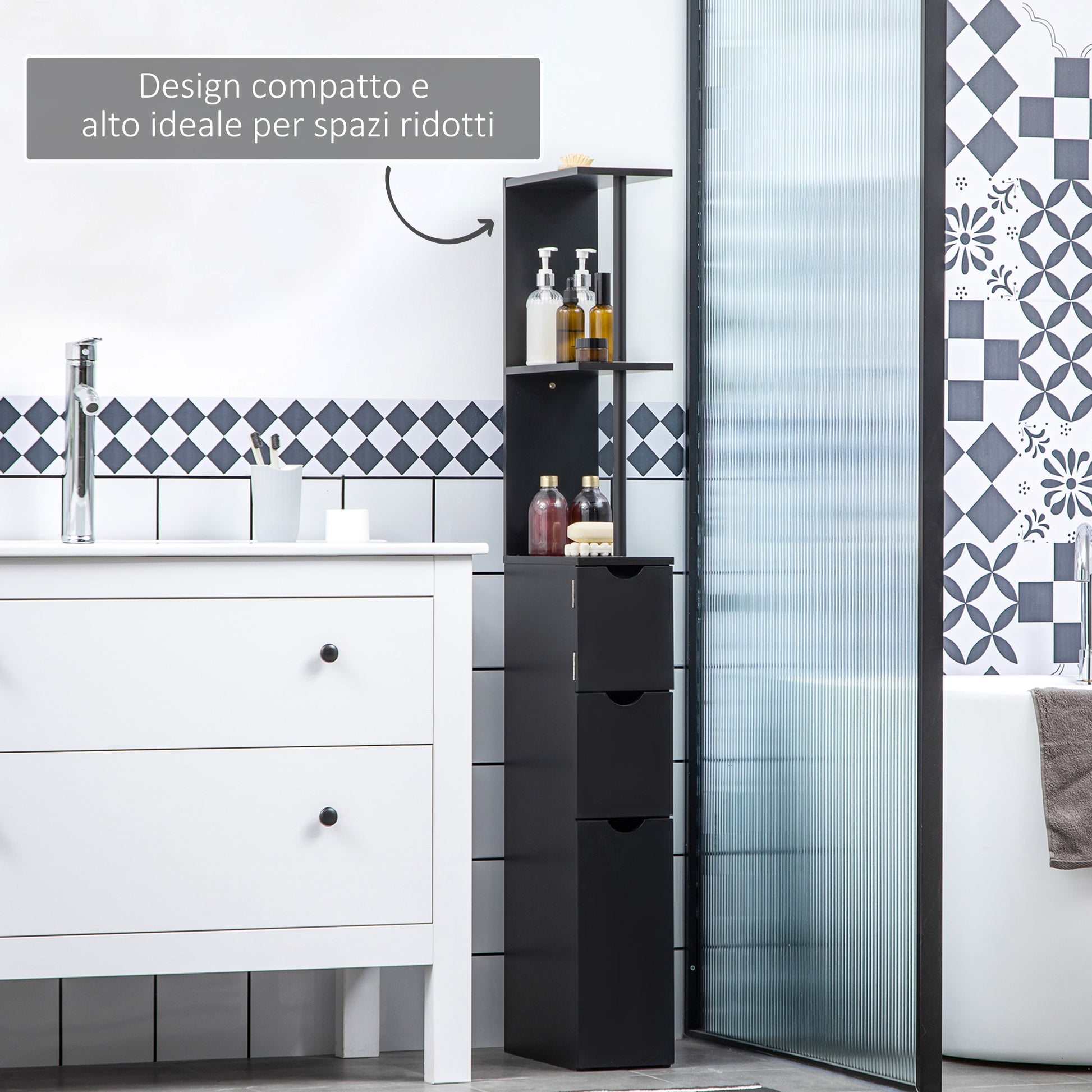 Bathroom Cabinet, space-saving wooden bathroom cabinet with shelves and drawers, 15x33x136 cm, Black