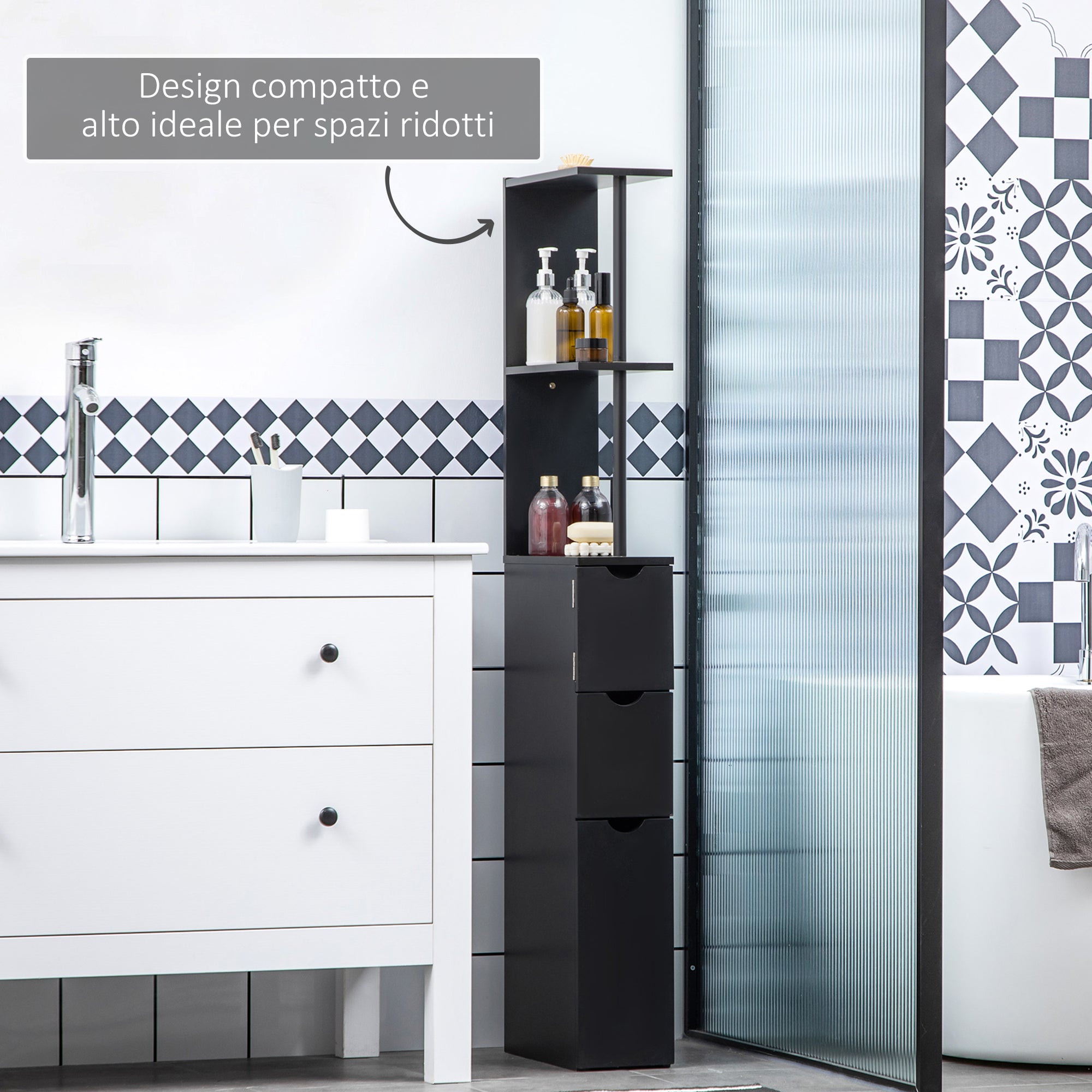 Bathroom Cabinet, space-saving wooden bathroom cabinet with shelves and drawers, 15x33x136 cm, Black