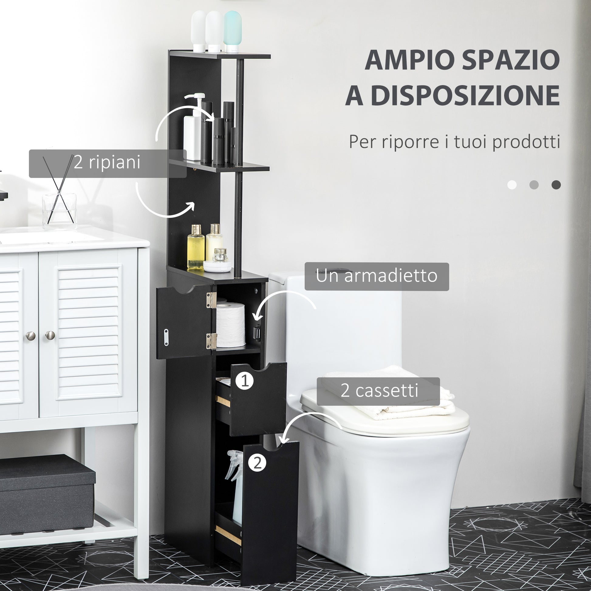 Bathroom Cabinet, space-saving wooden bathroom cabinet with shelves and drawers, 15x33x136 cm, Black