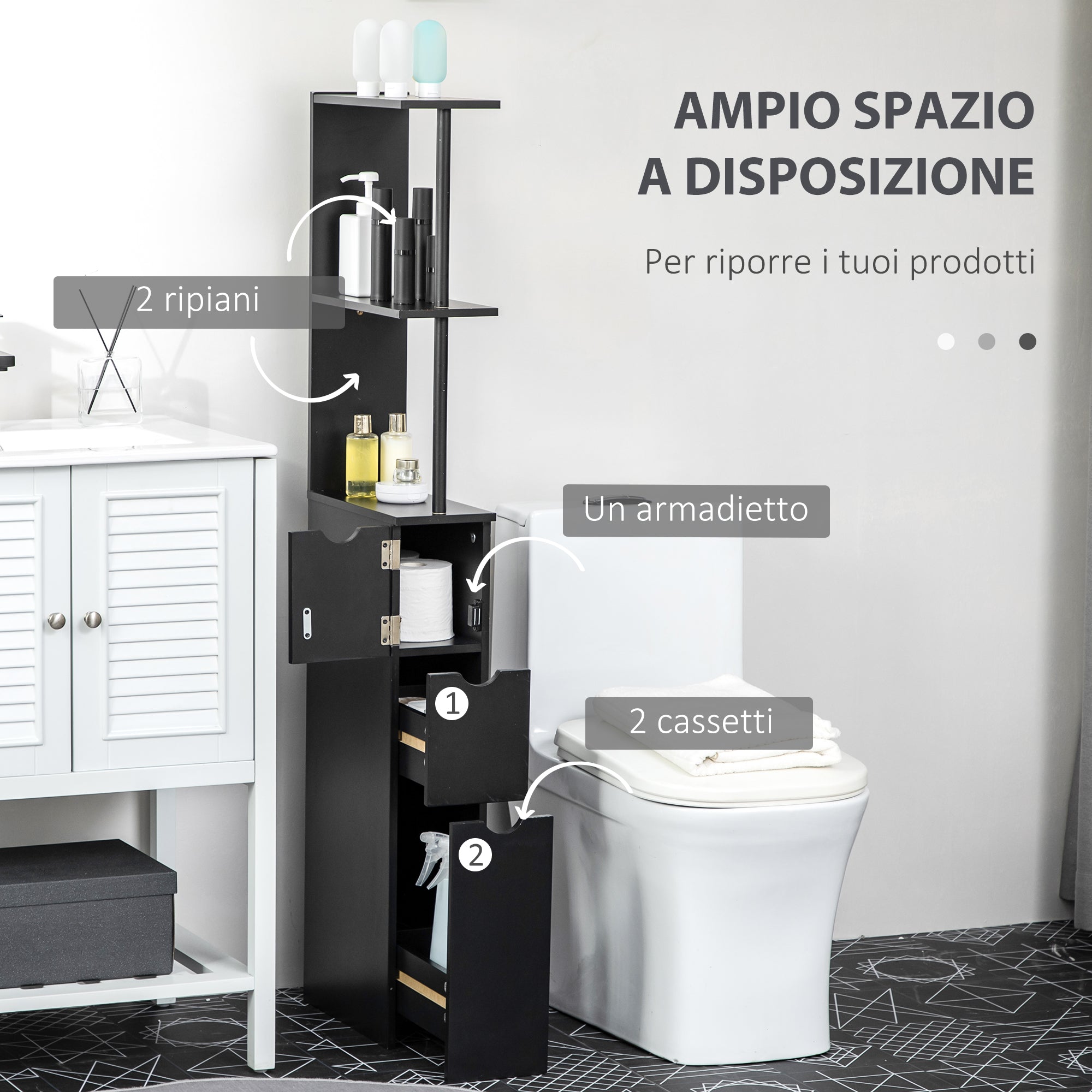 Bathroom Cabinet, space-saving wooden bathroom cabinet with shelves and drawers, 15x33x136 cm, Black