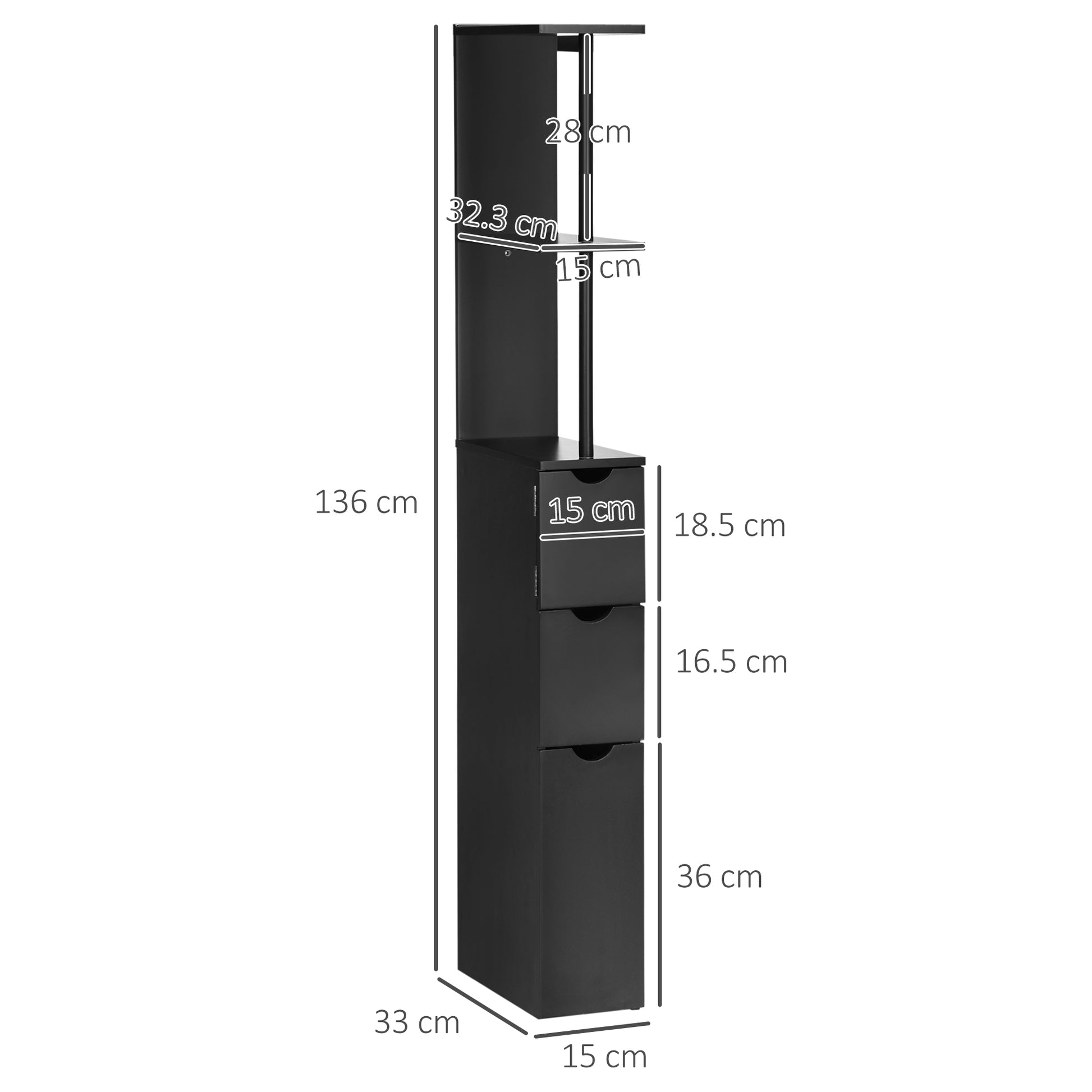 Bathroom Cabinet, space-saving wooden bathroom cabinet with shelves and drawers, 15x33x136 cm, Black