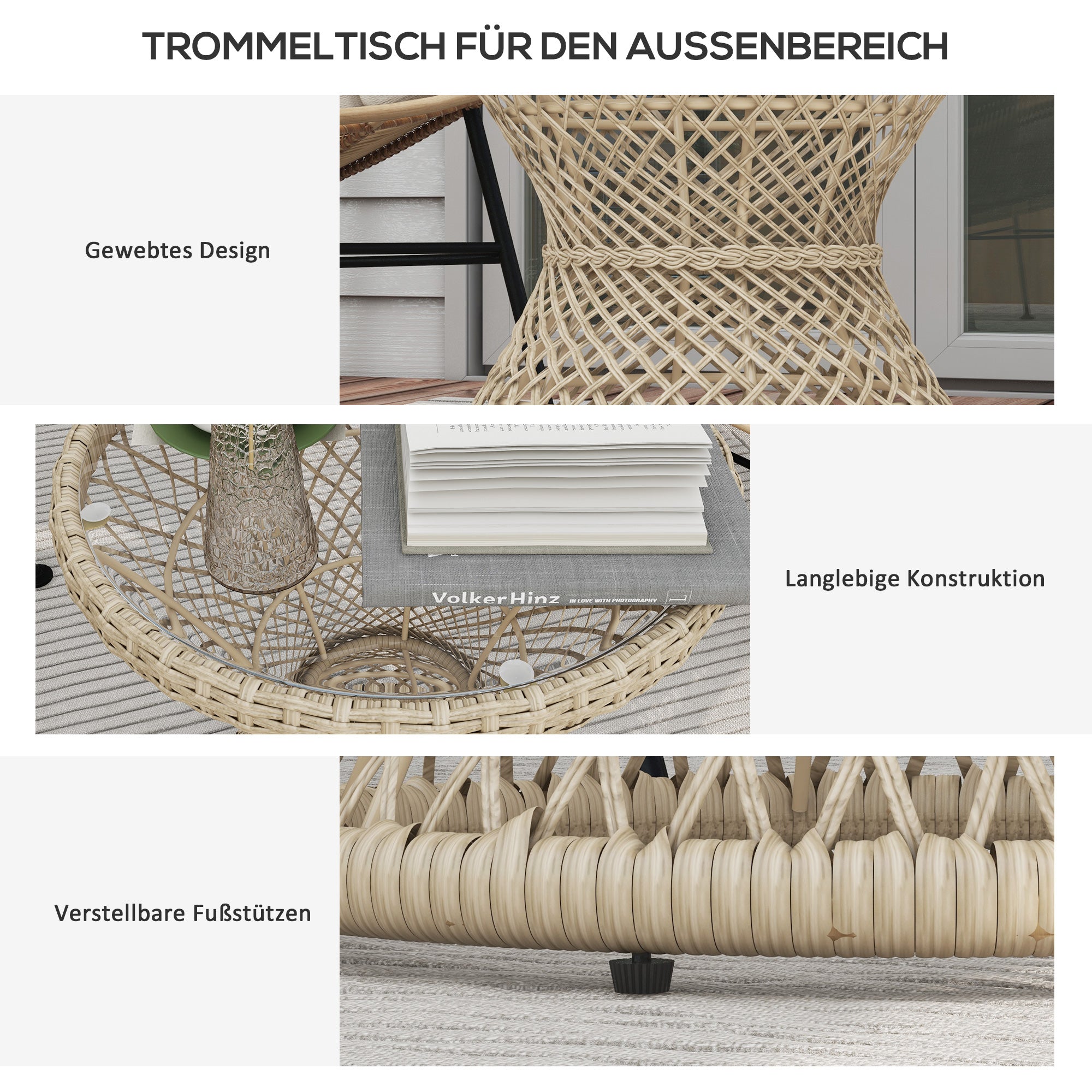 Rattan Side Table Garden Table, 45 x 45 cm Coffee Table with UV Protection, Balcony Table with Safety Glass Tabletop, Boho Design Coffee Table, Brown