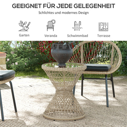 Rattan Side Table Garden Table, 45 x 45 cm Coffee Table with UV Protection, Balcony Table with Safety Glass Tabletop, Boho Design Coffee Table, Brown