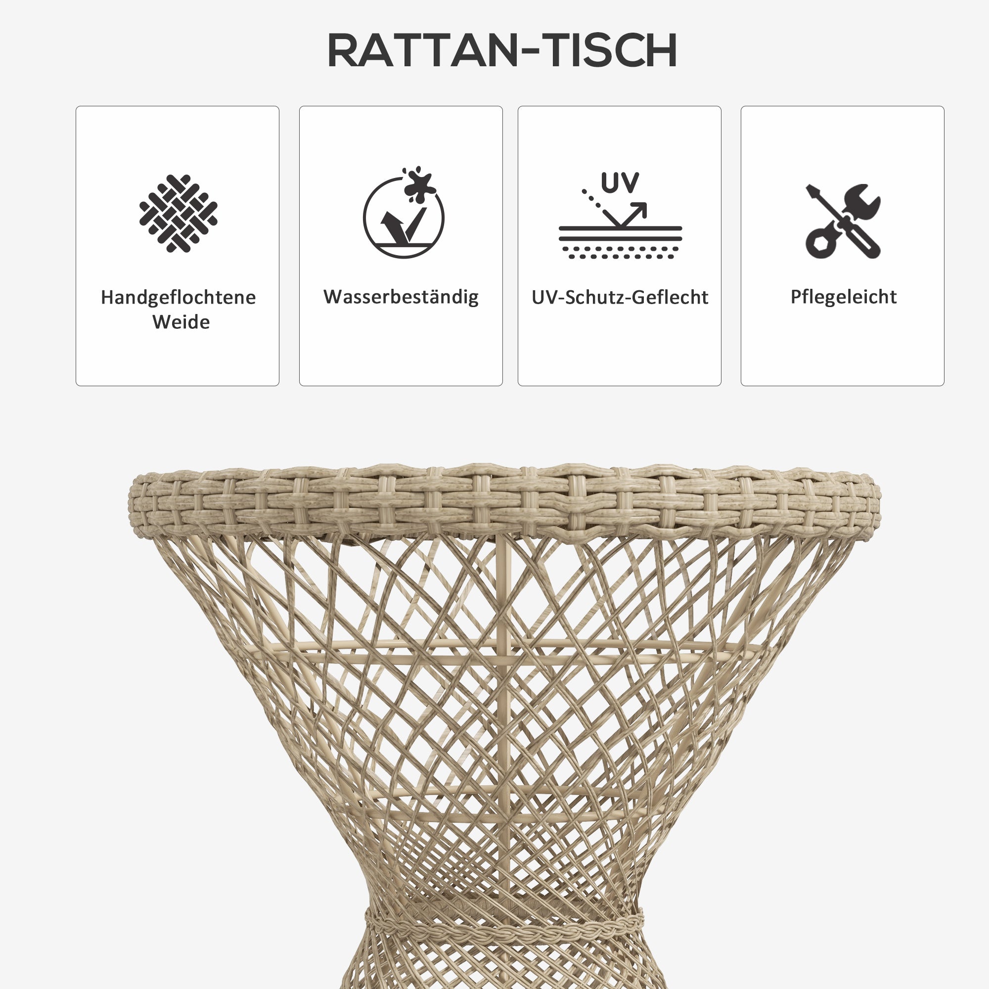 Rattan Side Table Garden Table, 45 x 45 cm Coffee Table with UV Protection, Balcony Table with Safety Glass Tabletop, Boho Design Coffee Table, Brown