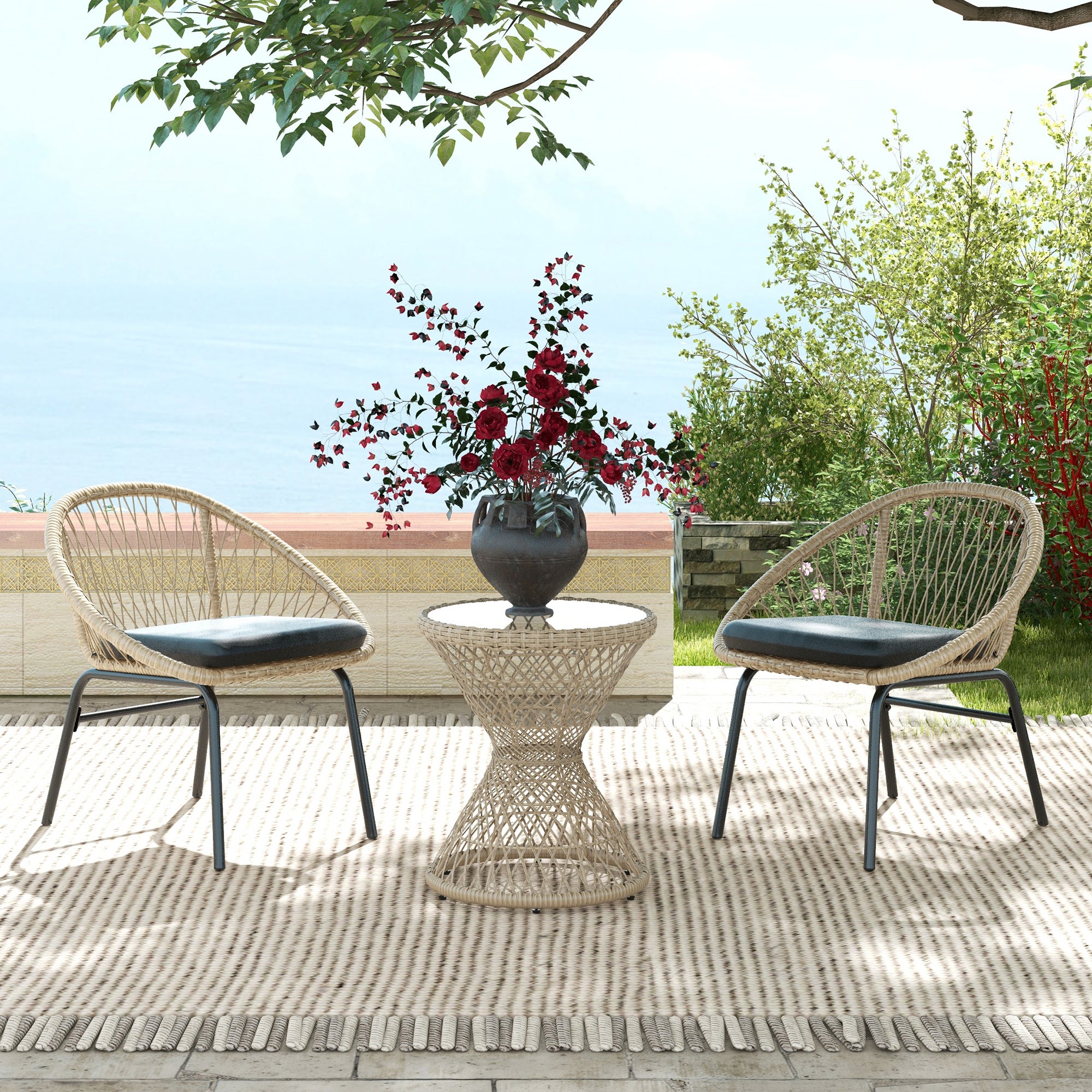 Rattan Side Table Garden Table, 45 x 45 cm Coffee Table with UV Protection, Balcony Table with Safety Glass Tabletop, Boho Design Coffee Table, Brown