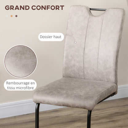 Set of 4 dining chairs with microfiber upholstery, steel sled legs, and handle kitchen chair with gray backrest