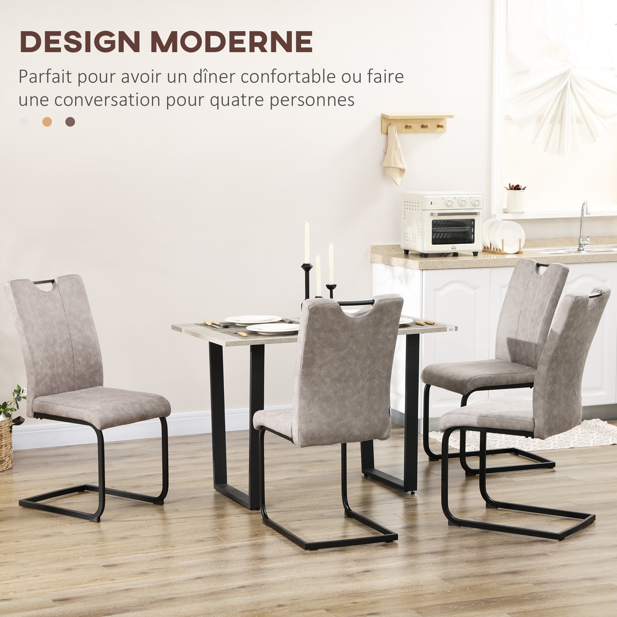 Set of 4 dining chairs with microfiber upholstery, steel sled legs, and handle kitchen chair with gray backrest