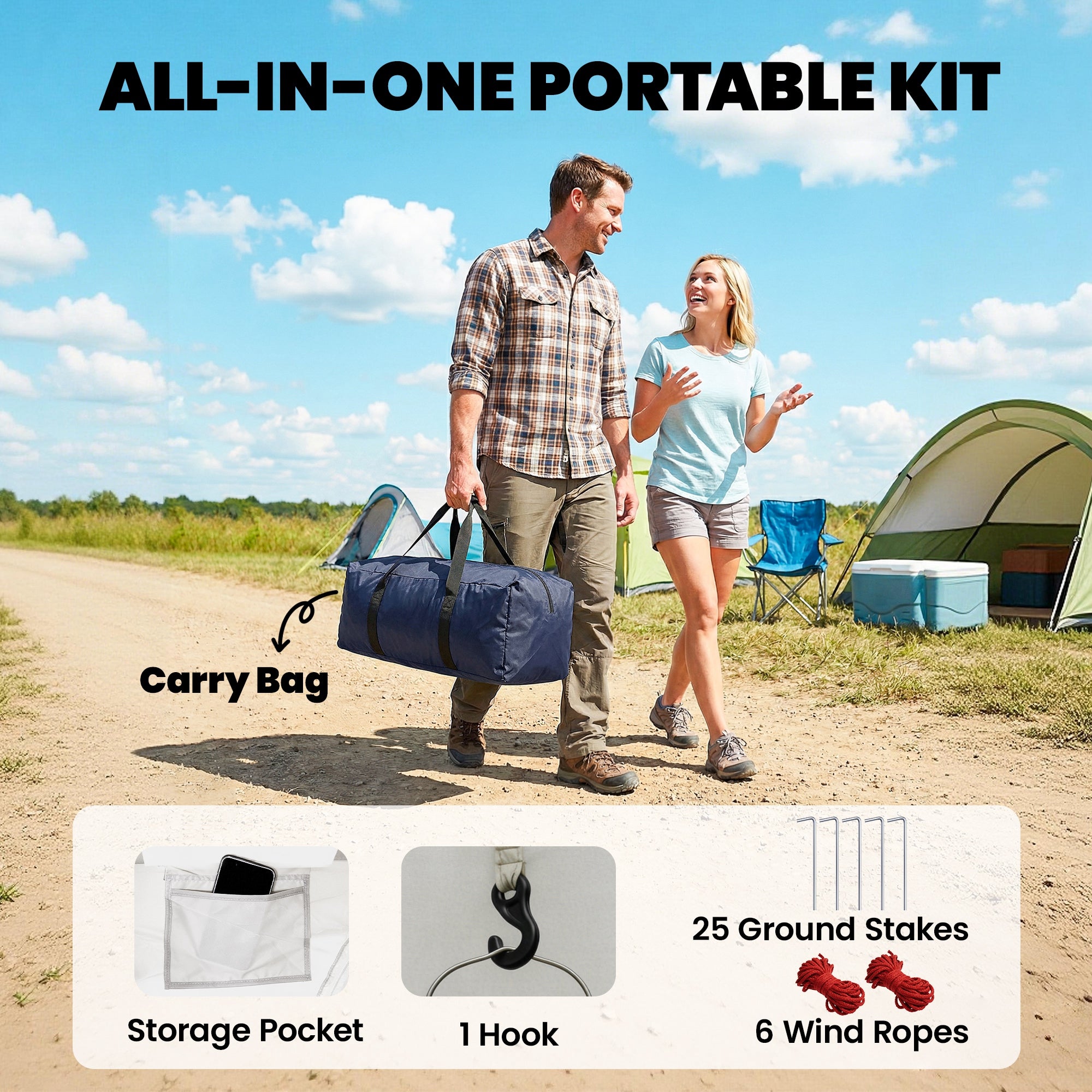 4-Person Tunnel Tent — Separate Living & Sleeping Areas, 3000mm Waterproof, Carry Bag — Navy & Cream