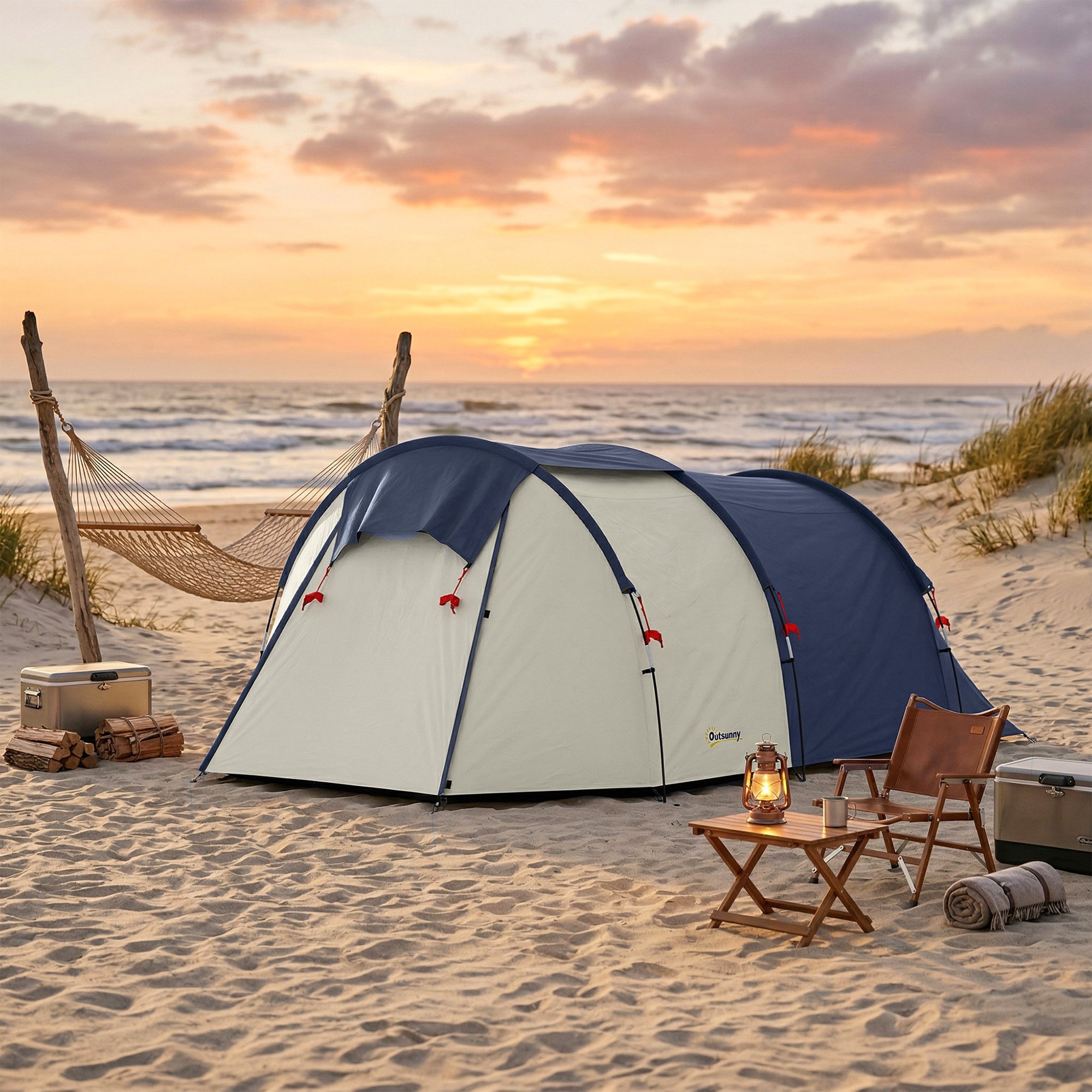 4-Person Tunnel Tent — Separate Living & Sleeping Areas, 3000mm Waterproof, Carry Bag — Navy & Cream