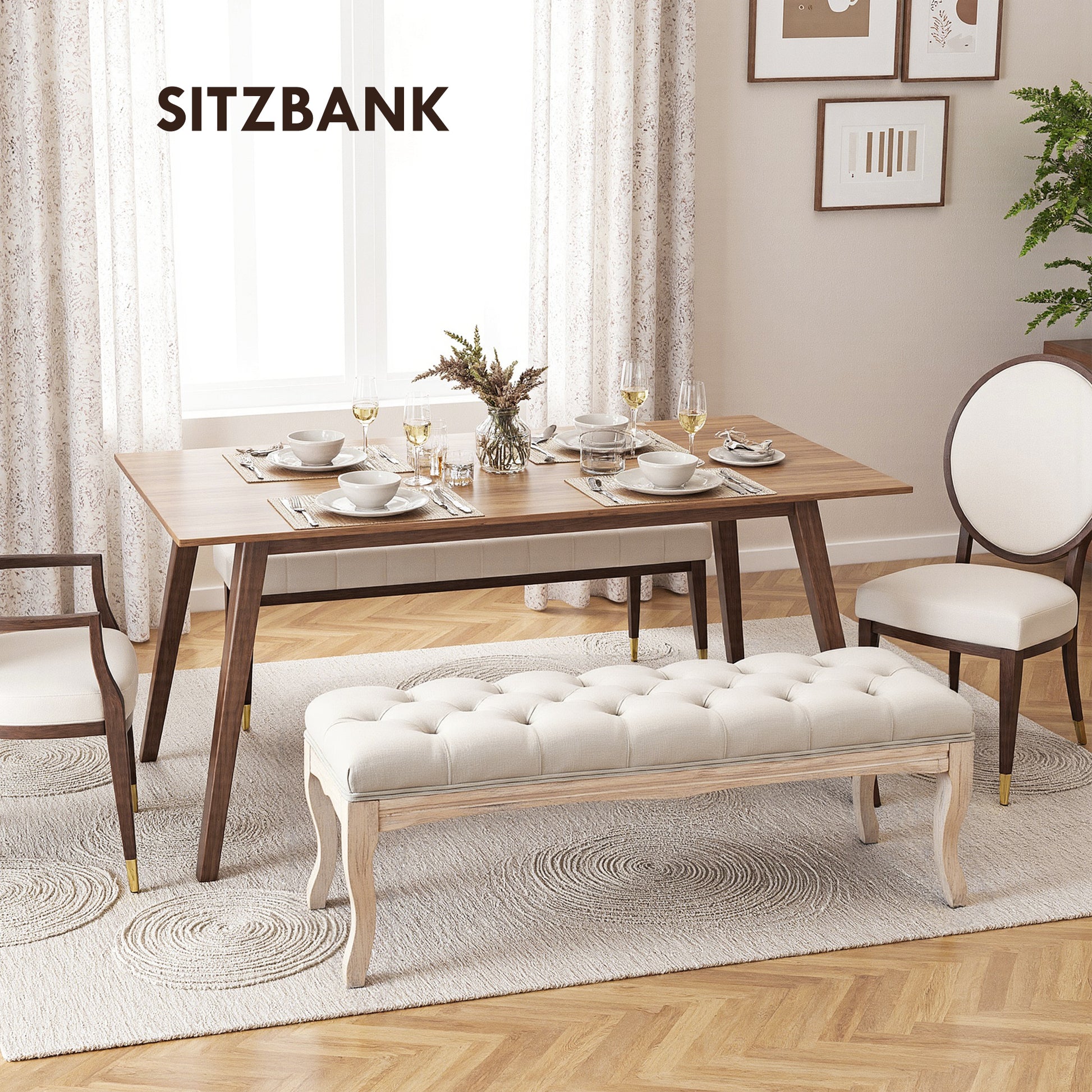 Upholstered Bench Seat Chest Shoe Bench Piano Bench Vintage Bed Bench Bedroom Living Room Hallway Rubberwood Linen Beige 110 x 40 x 48 cm