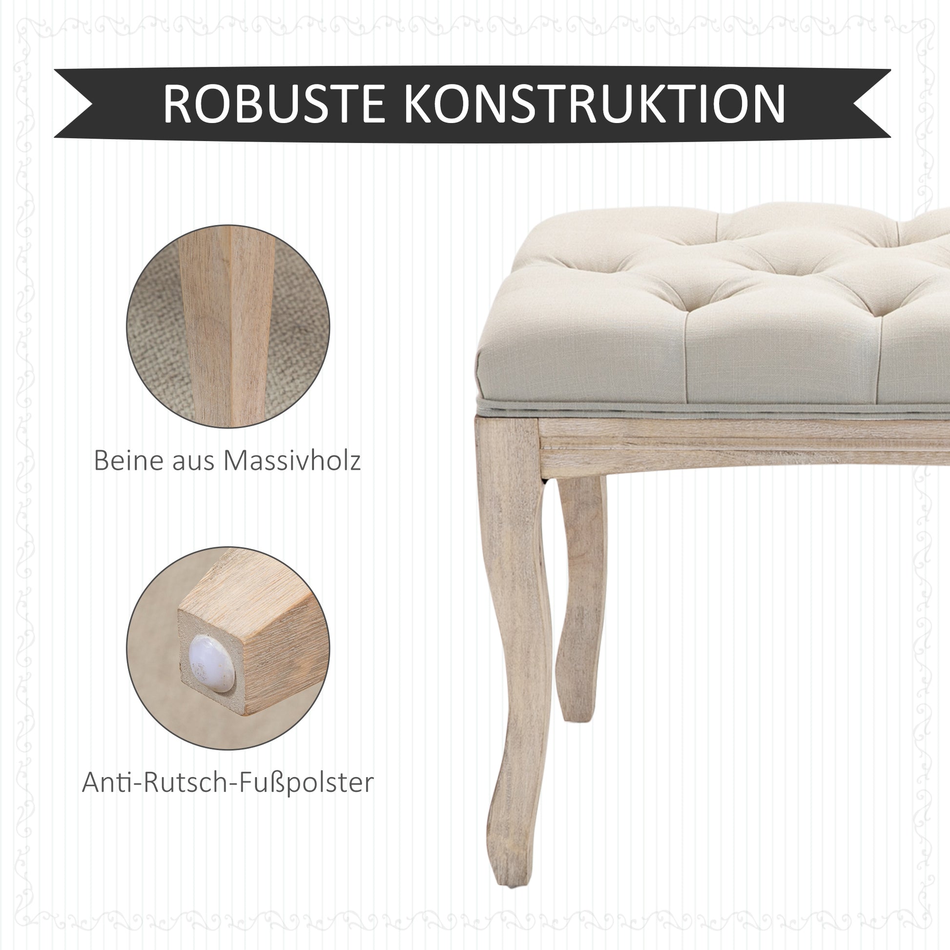 Upholstered Bench Seat Chest Shoe Bench Piano Bench Vintage Bed Bench Bedroom Living Room Hallway Rubberwood Linen Beige 110 x 40 x 48 cm