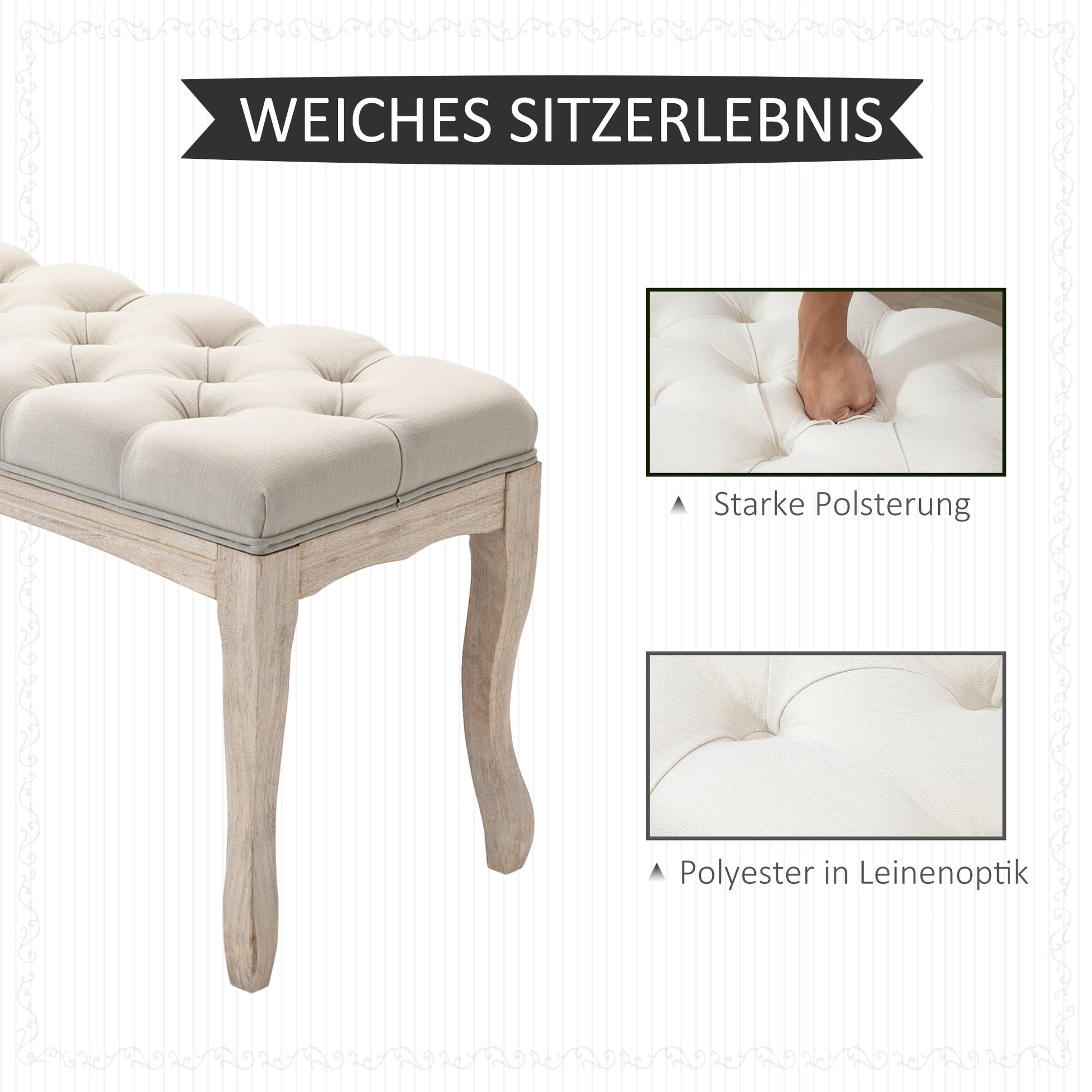 Upholstered Bench Seat Chest Shoe Bench Piano Bench Vintage Bed Bench Bedroom Living Room Hallway Rubberwood Linen Beige 110 x 40 x 48 cm