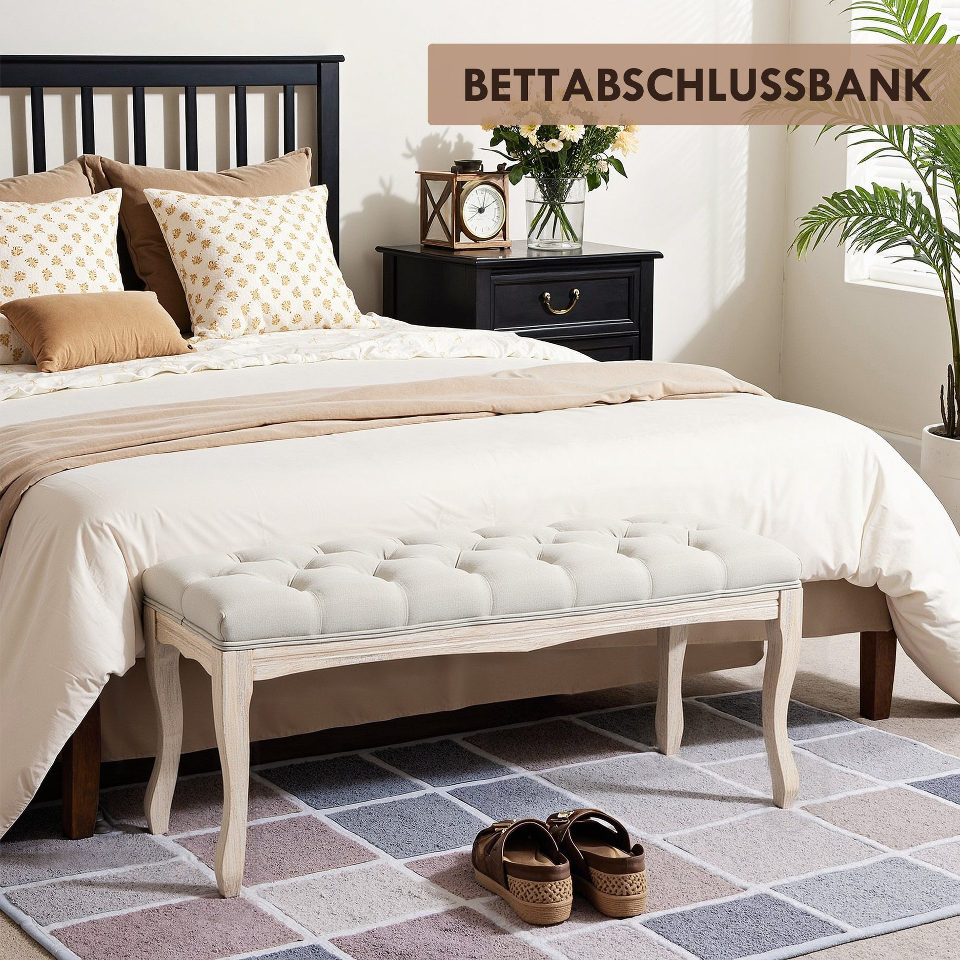 Upholstered Bench Seat Chest Shoe Bench Piano Bench Vintage Bed Bench Bedroom Living Room Hallway Rubberwood Linen Beige 110 x 40 x 48 cm