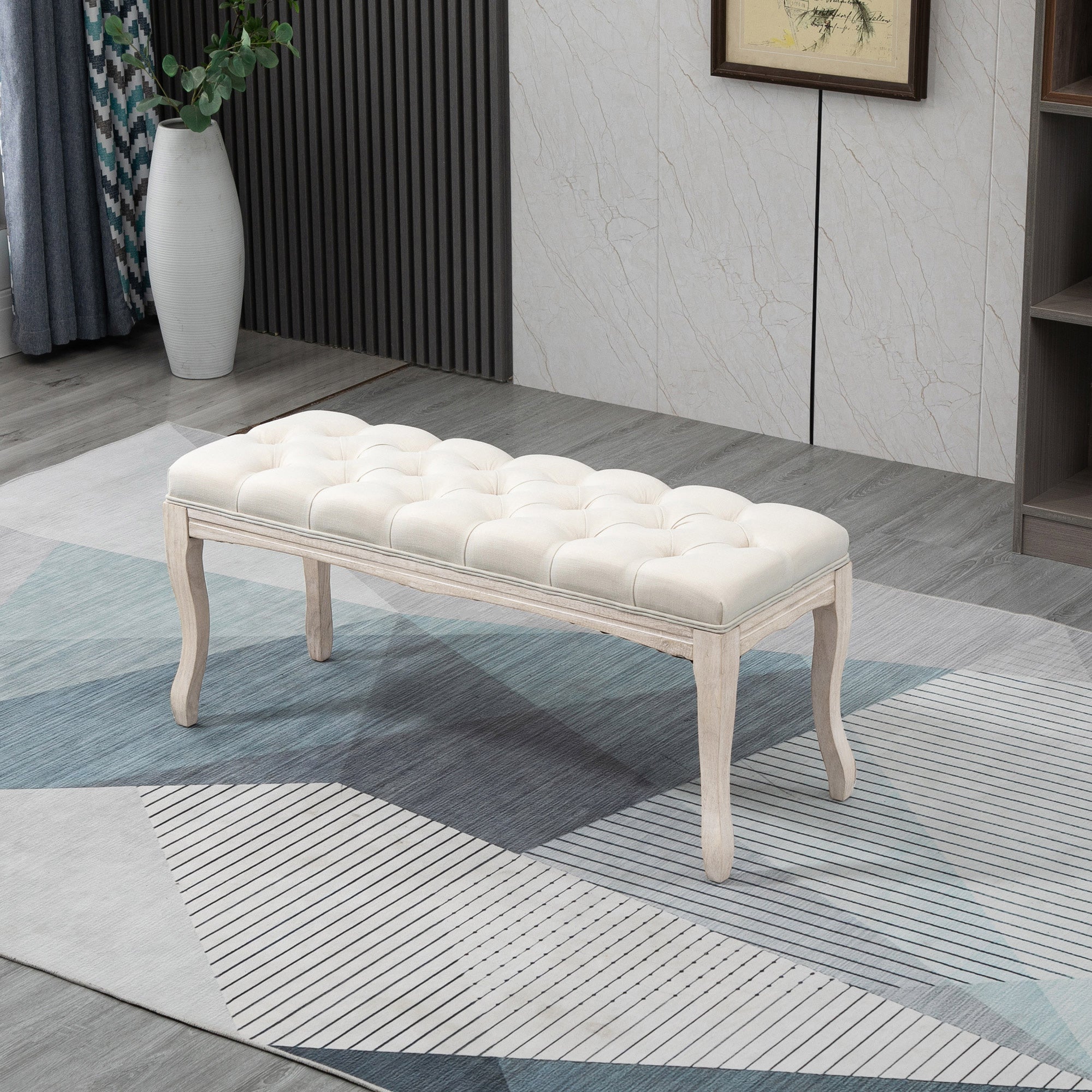 Upholstered Bench Seat Chest Shoe Bench Piano Bench Vintage Bed Bench Bedroom Living Room Hallway Rubberwood Linen Beige 110 x 40 x 48 cm