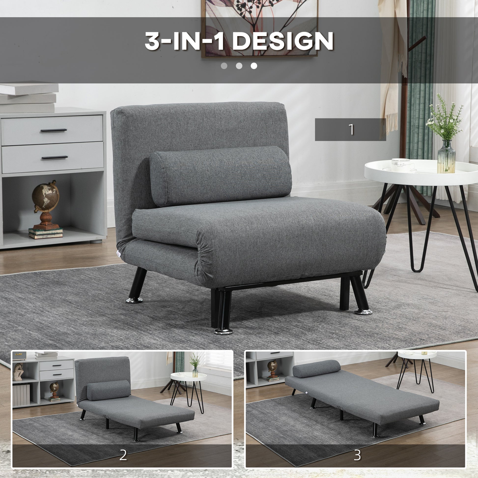 Sleeper Chair, Folding Chair with Bed Function, Back Pillow, Foldable Recliner in Linen Look, Adjustable Backrest, Supports up to 150 kg, for Living Room, Dark Gray