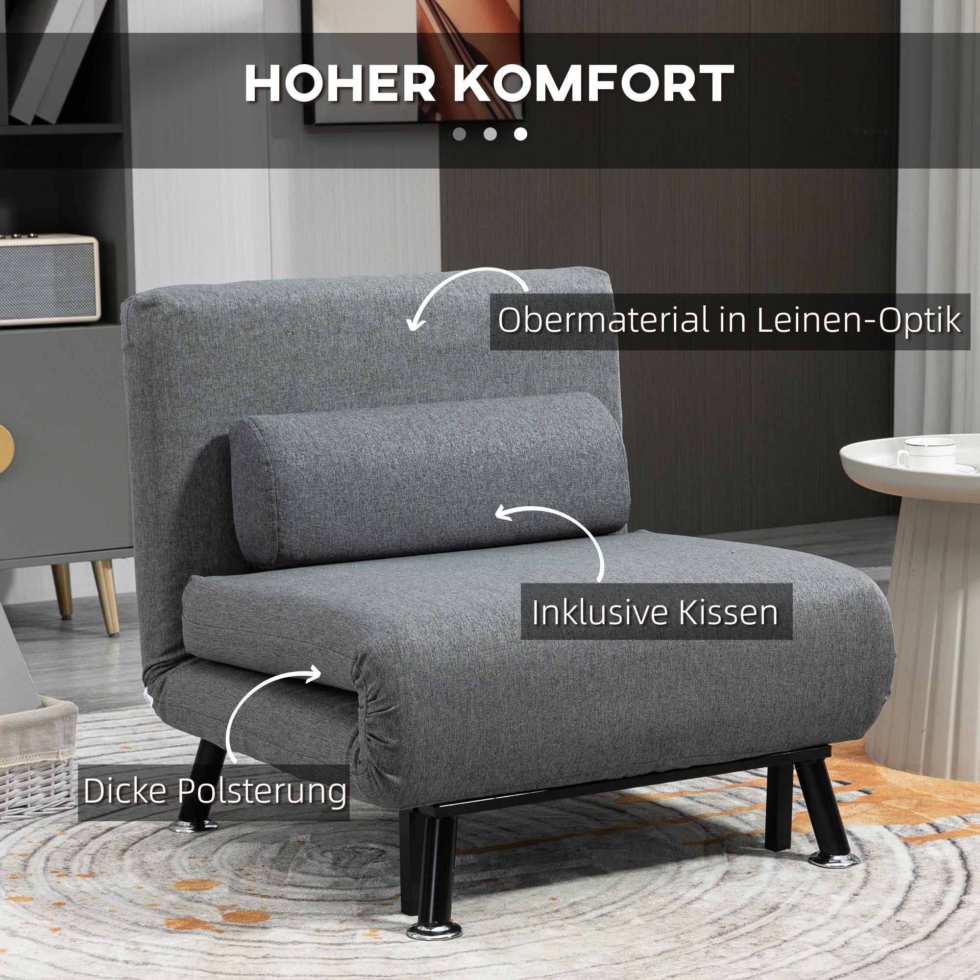 Sleeper Chair, Folding Chair with Bed Function, Back Pillow, Foldable Recliner in Linen Look, Adjustable Backrest, Supports up to 150 kg, for Living Room, Dark Gray