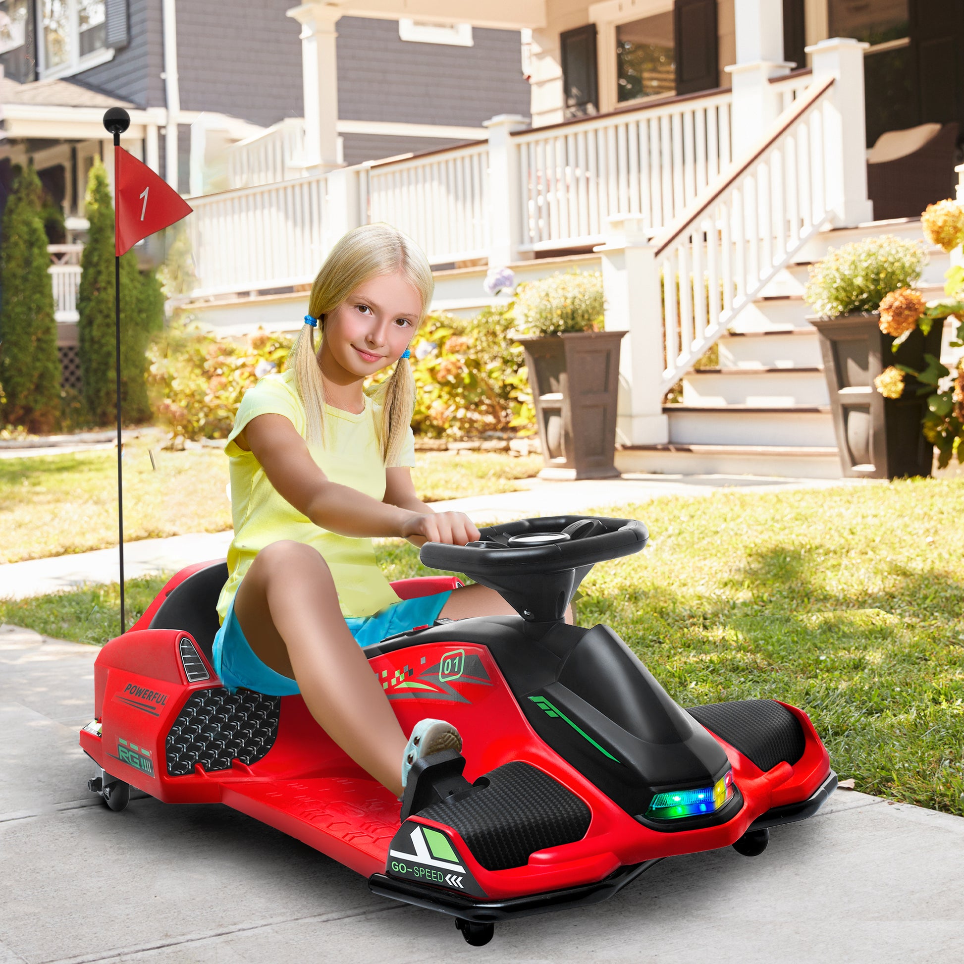Kids Electric Go-Kart 12V 3-8km/h Drift Kart with Drift Mode, Slow Start, Go-Kart with Lights Music, Safety Belt Children's Vehicle for 8-12 Years Kids Red