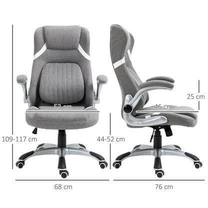 Ergonomic Office Chair with Folding Armrests and Headrest, Swivel Desk Chair with Lumbar Support, Adjustable Height and Rocking Function in Fabric for Study, Gray