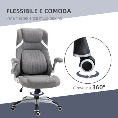 Ergonomic Office Chair with Folding Armrests and Headrest, Swivel Desk Chair with Lumbar Support, Adjustable Height and Rocking Function in Fabric for Study, Gray