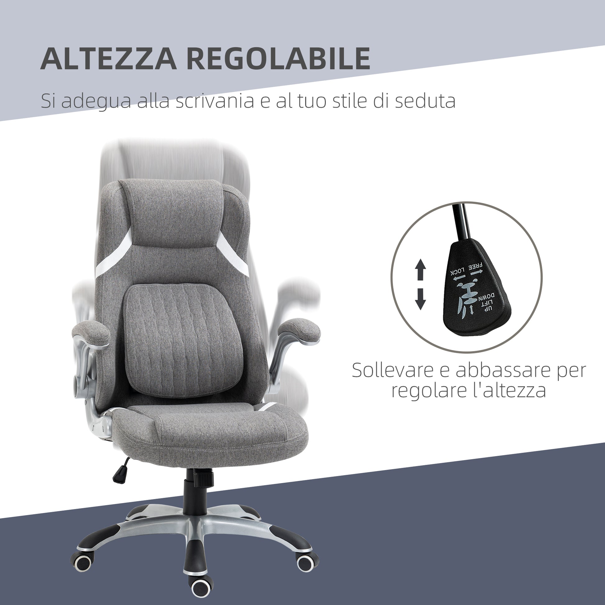 Ergonomic Office Chair with Folding Armrests and Headrest, Swivel Desk Chair with Lumbar Support, Adjustable Height and Rocking Function in Fabric for Study, Gray
