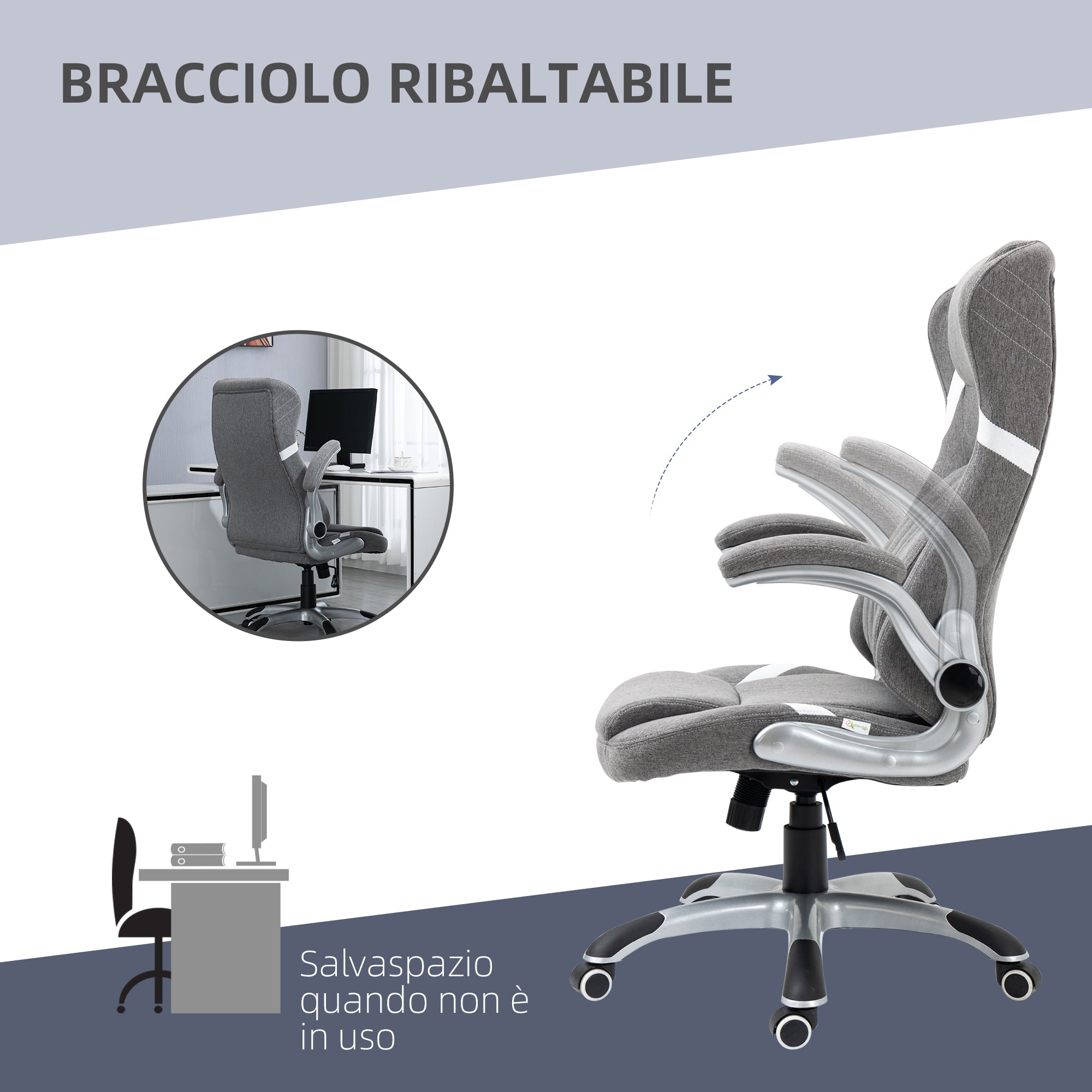 Ergonomic Office Chair with Folding Armrests and Headrest, Swivel Desk Chair with Lumbar Support, Adjustable Height and Rocking Function in Fabric for Study, Gray