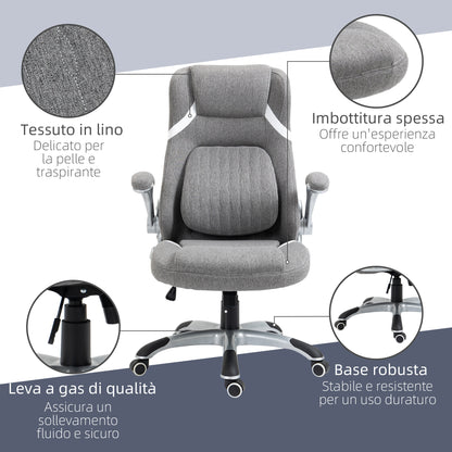 Ergonomic Office Chair with Folding Armrests and Headrest, Swivel Desk Chair with Lumbar Support, Adjustable Height and Rocking Function in Fabric for Study, Gray