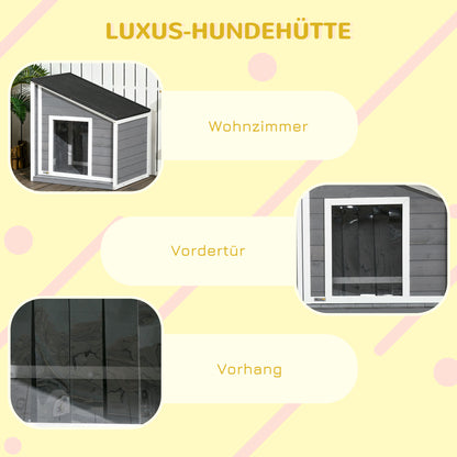 Wooden Dog House, Dog House with Openable Asphalt Roof and Door Curtain, Outdoor Dog House, Small Pet House for Small Dogs, Outdoor, Weather Resistant, Gray, 71 x 58 x 53/77 cm