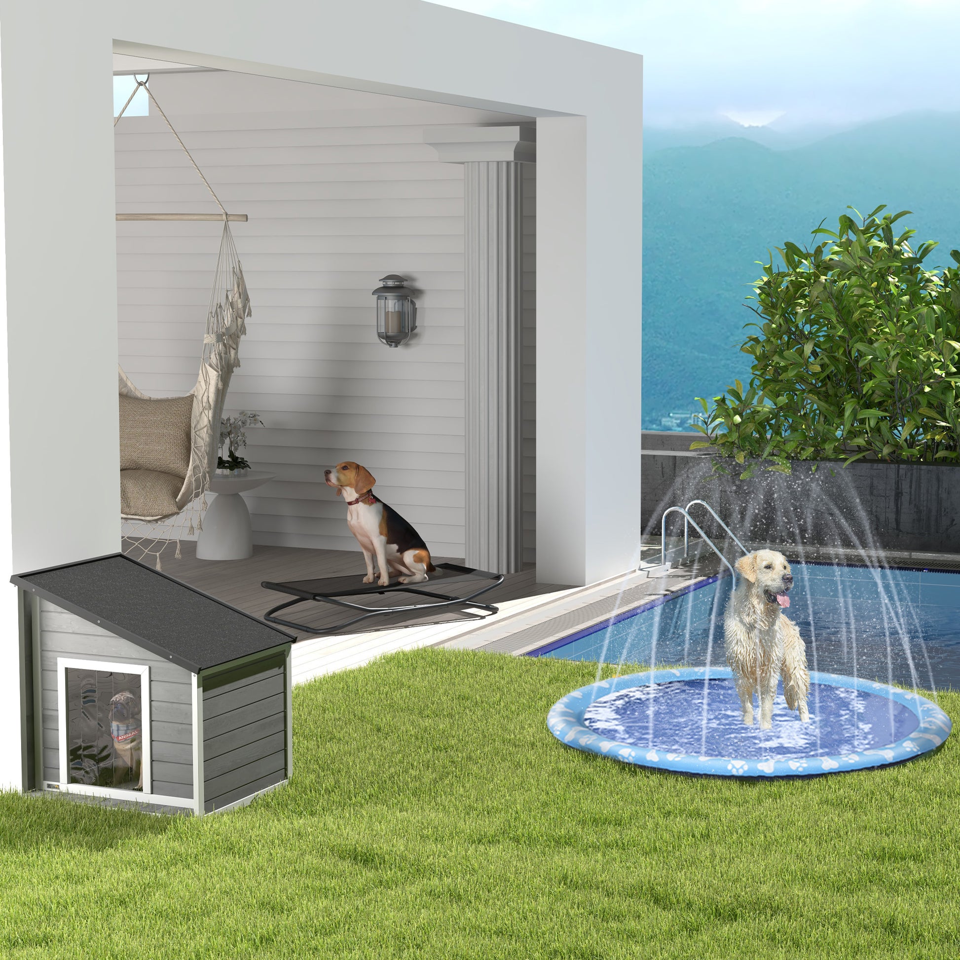 Wooden Dog House, Dog House with Openable Asphalt Roof and Door Curtain, Outdoor Dog House, Small Pet House for Small Dogs, Outdoor, Weather Resistant, Gray, 71 x 58 x 53/77 cm