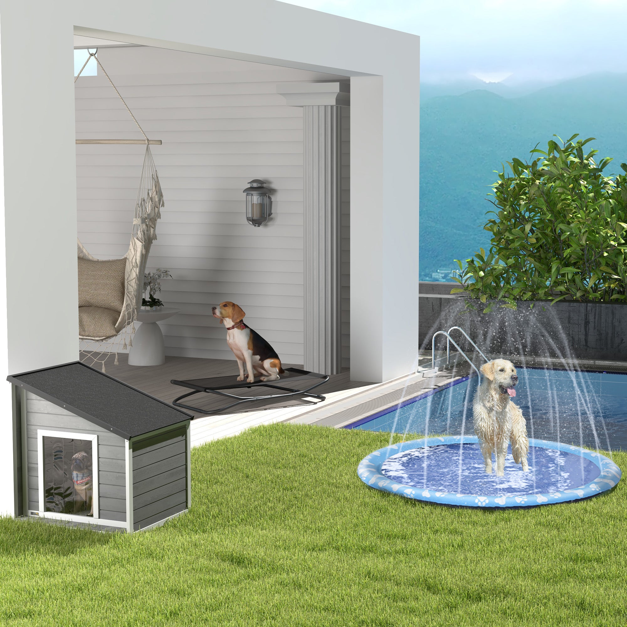 Wooden Dog House, Dog House with Openable Asphalt Roof and Door Curtain, Outdoor Dog House, Small Pet House for Small Dogs, Outdoor, Weather Resistant, Gray, 71 x 58 x 53/77 cm