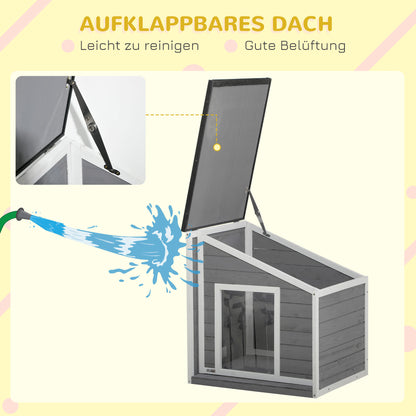 Wooden Dog House, Dog House with Openable Asphalt Roof and Door Curtain, Outdoor Dog House, Small Pet House for Small Dogs, Outdoor, Weather Resistant, Gray, 71 x 58 x 53/77 cm