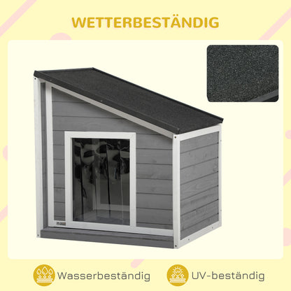 Wooden Dog House, Dog House with Openable Asphalt Roof and Door Curtain, Outdoor Dog House, Small Pet House for Small Dogs, Outdoor, Weather Resistant, Gray, 71 x 58 x 53/77 cm