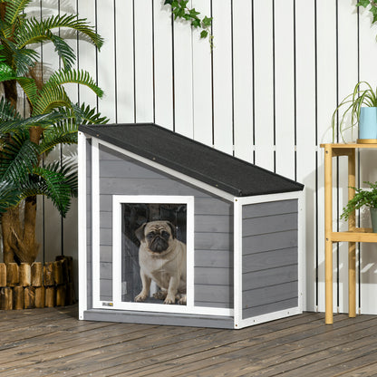 Wooden Dog House, Dog House with Openable Asphalt Roof and Door Curtain, Outdoor Dog House, Small Pet House for Small Dogs, Outdoor, Weather Resistant, Gray, 71 x 58 x 53/77 cm