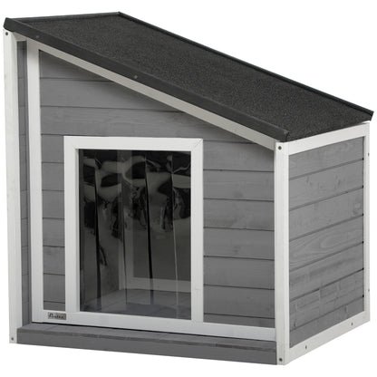 Wooden Dog House, Dog House with Openable Asphalt Roof and Door Curtain, Outdoor Dog House, Small Pet House for Small Dogs, Outdoor, Weather Resistant, Gray, 71 x 58 x 53/77 cm