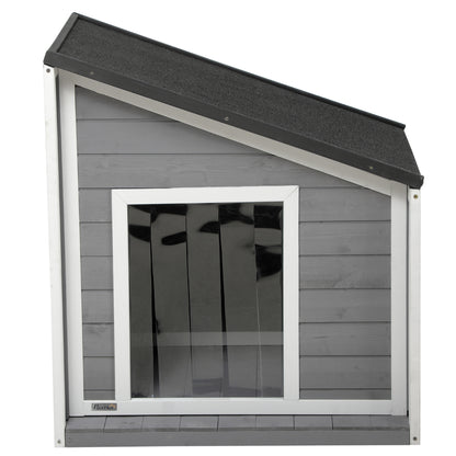 Wooden Dog House, Dog House with Openable Asphalt Roof and Door Curtain, Outdoor Dog House, Small Pet House for Small Dogs, Outdoor, Weather Resistant, Gray, 71 x 58 x 53/77 cm