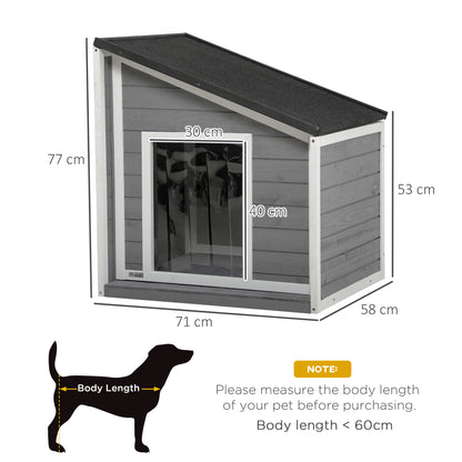Wooden Dog House, Dog House with Openable Asphalt Roof and Door Curtain, Outdoor Dog House, Small Pet House for Small Dogs, Outdoor, Weather Resistant, Gray, 71 x 58 x 53/77 cm