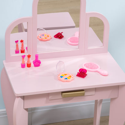 Children's Dressing Table Makeup Table with Stool 3 Mirrors and Drawer 3-6 Years - 52 x 32 x 85 cm - Pink