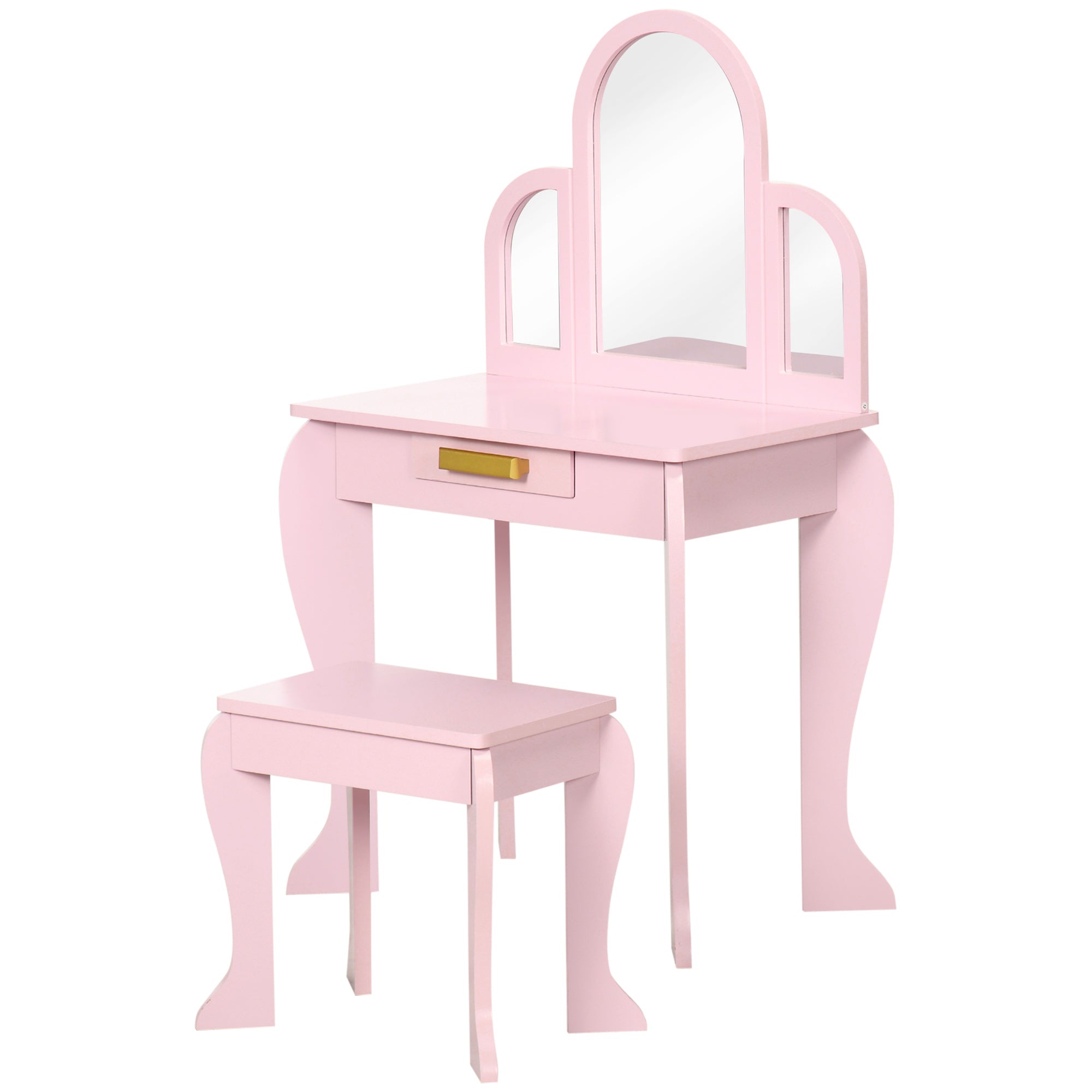 Children's Dressing Table Makeup Table with Stool 3 Mirrors and Drawer 3-6 Years - 52 x 32 x 85 cm - Pink