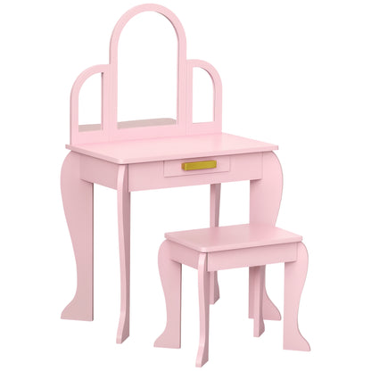 Children's Dressing Table Makeup Table with Stool 3 Mirrors and Drawer 3-6 Years - 52 x 32 x 85 cm - Pink
