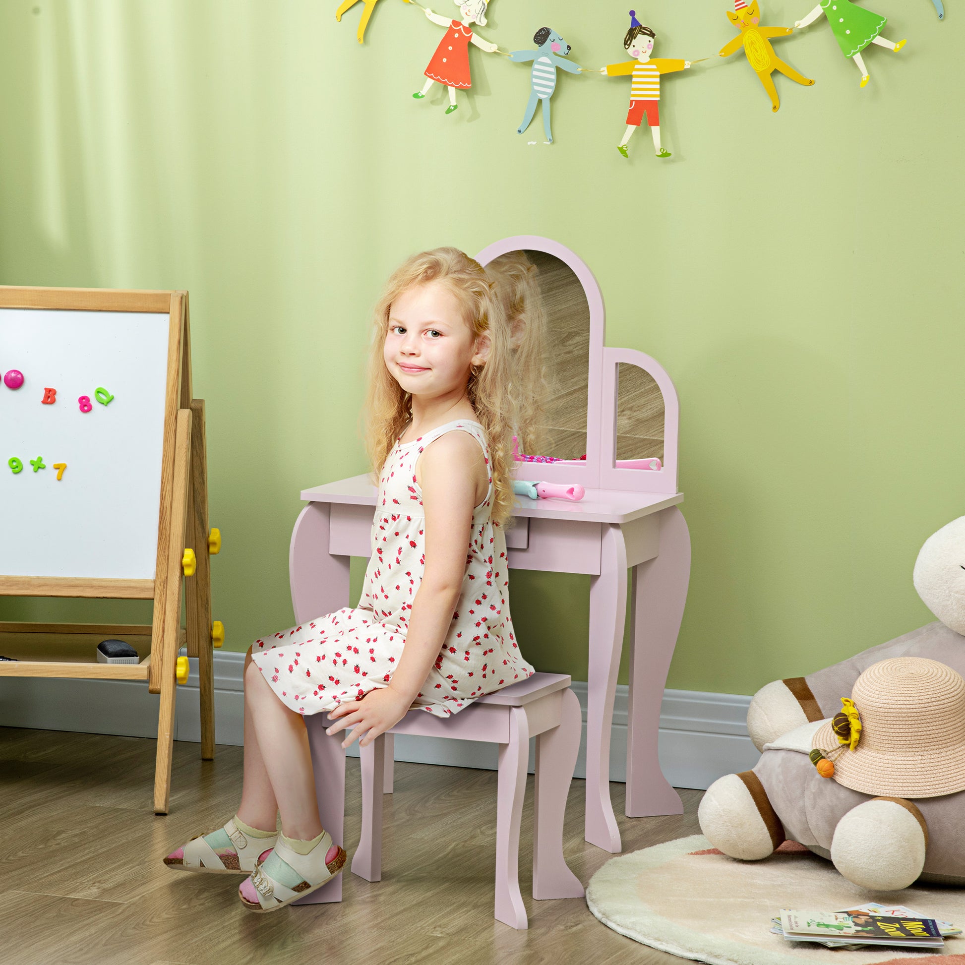 Children's Dressing Table Makeup Table with Stool 3 Mirrors and Drawer 3-6 Years - 52 x 32 x 85 cm - Pink